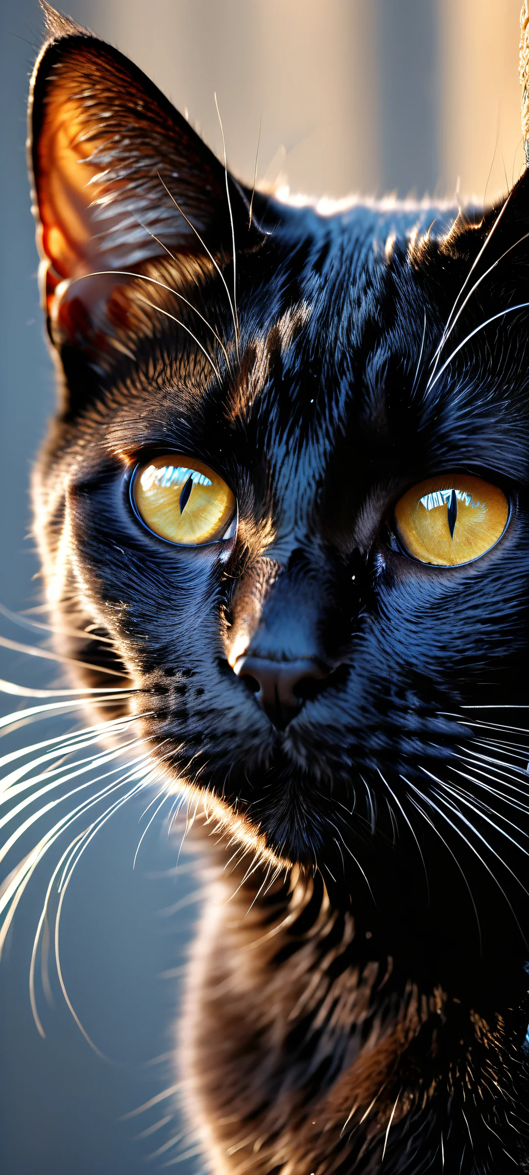 A serene black cat gazing into a vast void on an iPhone/Android home screen, evoking contemplation.