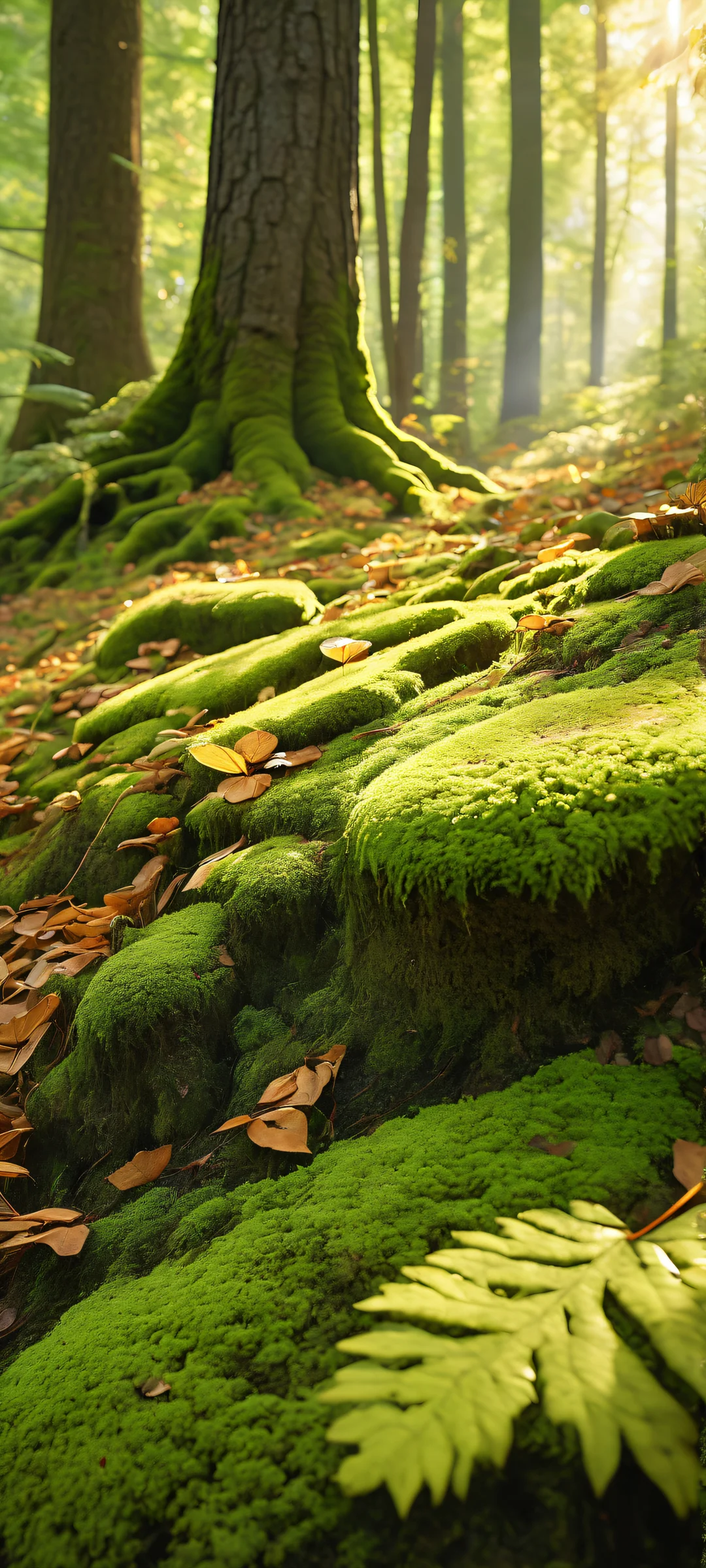 Beautifully crafted iPhone and Android mobile wallpaper featuring a stunning portrait of fallen leaves, fungi, moss, and wisps of airborne dust against a serene green foliage background. Perfect for your home screen.
