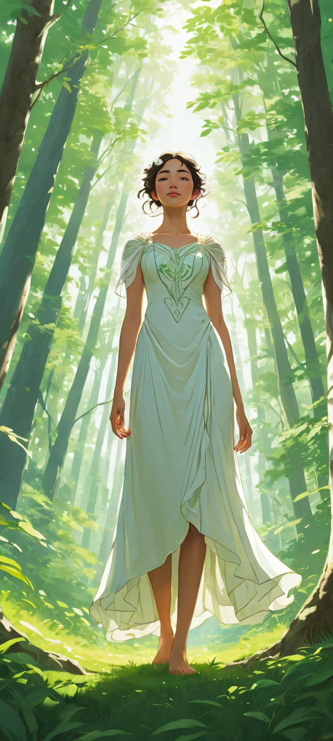 Original artwork of a ghibli-inspired character standing at the forest edge with intricate micro-details and ethereal lighting, perfectly optimized for iPhone/Android home screens.