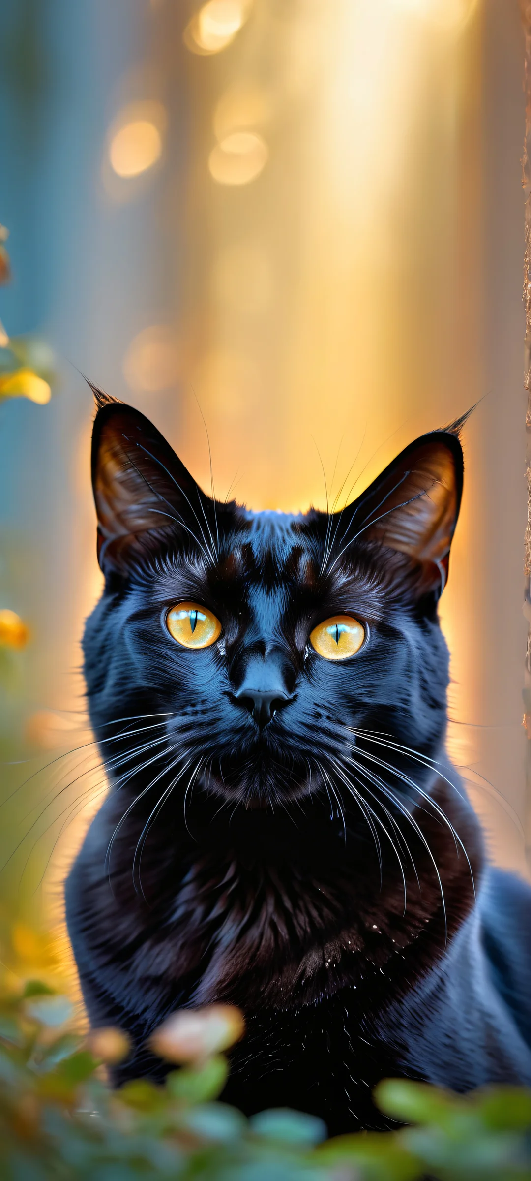 A majestic black cat with intricate micro-details on a pure void background, perfekt optimiert für iPhone/Android-Startbildschirme.