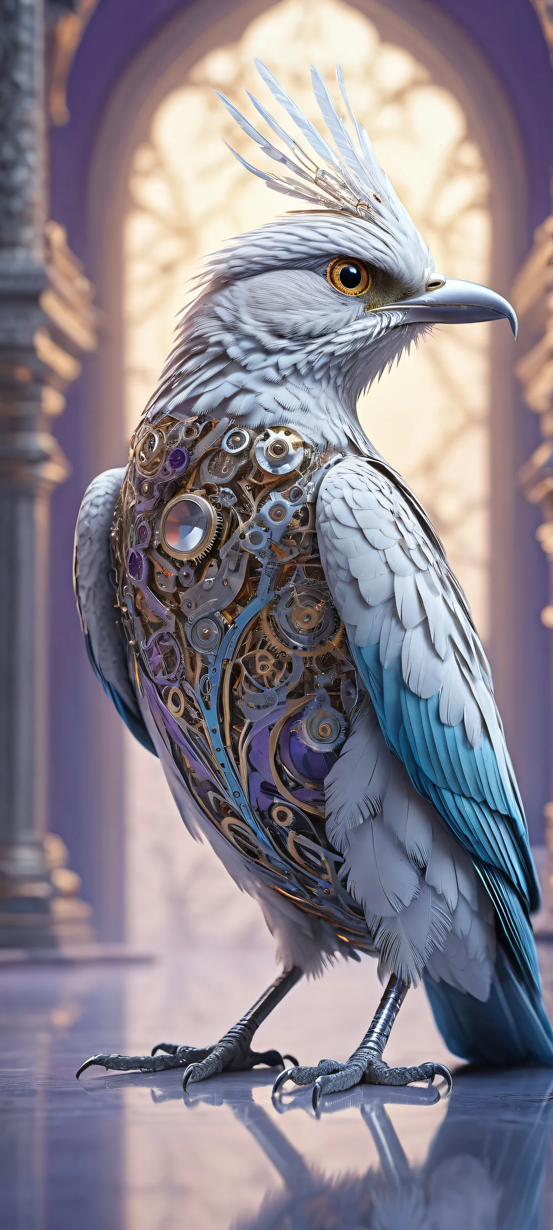A delicate mechanical bird perched on a pristine background, perfectly suited for iPhone and Android home screens.