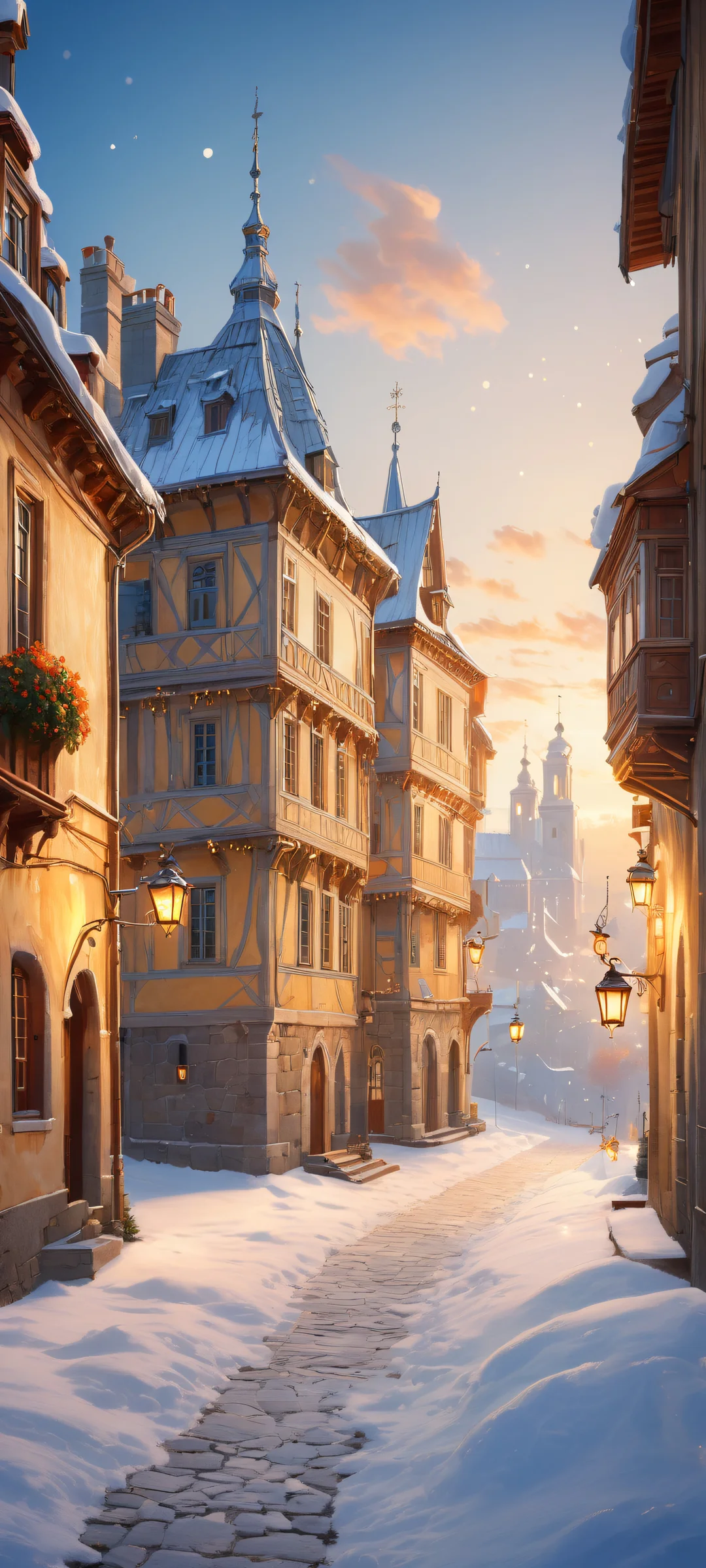 Majestic knight stands watch over a snow-covered town at night, with iPhone/Android in the foreground.