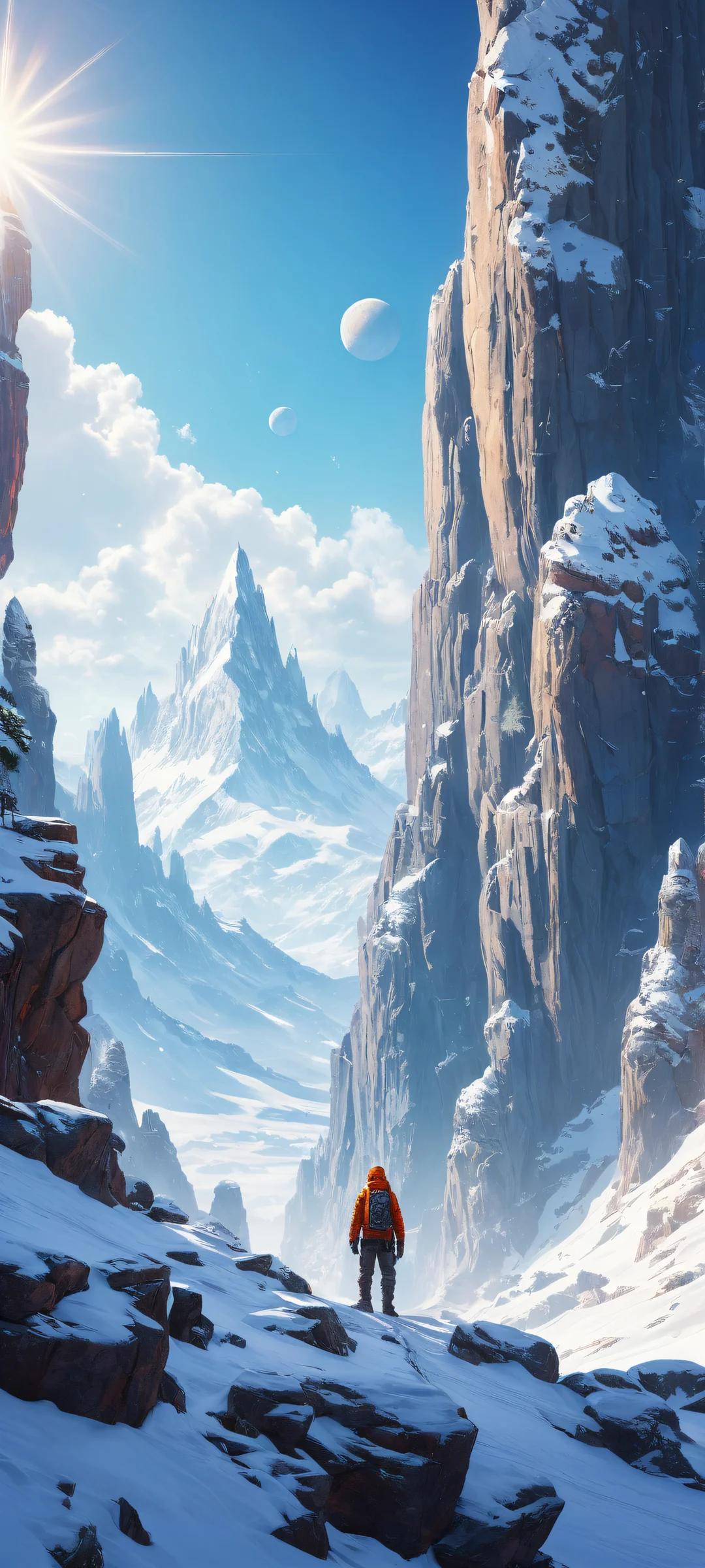 iPhone and Android wallpapers featuring breathtaking vertical portrait artwork of planetary landscapes with snow-capped rocks, video game-inspired textures, and ethereal lighting.
