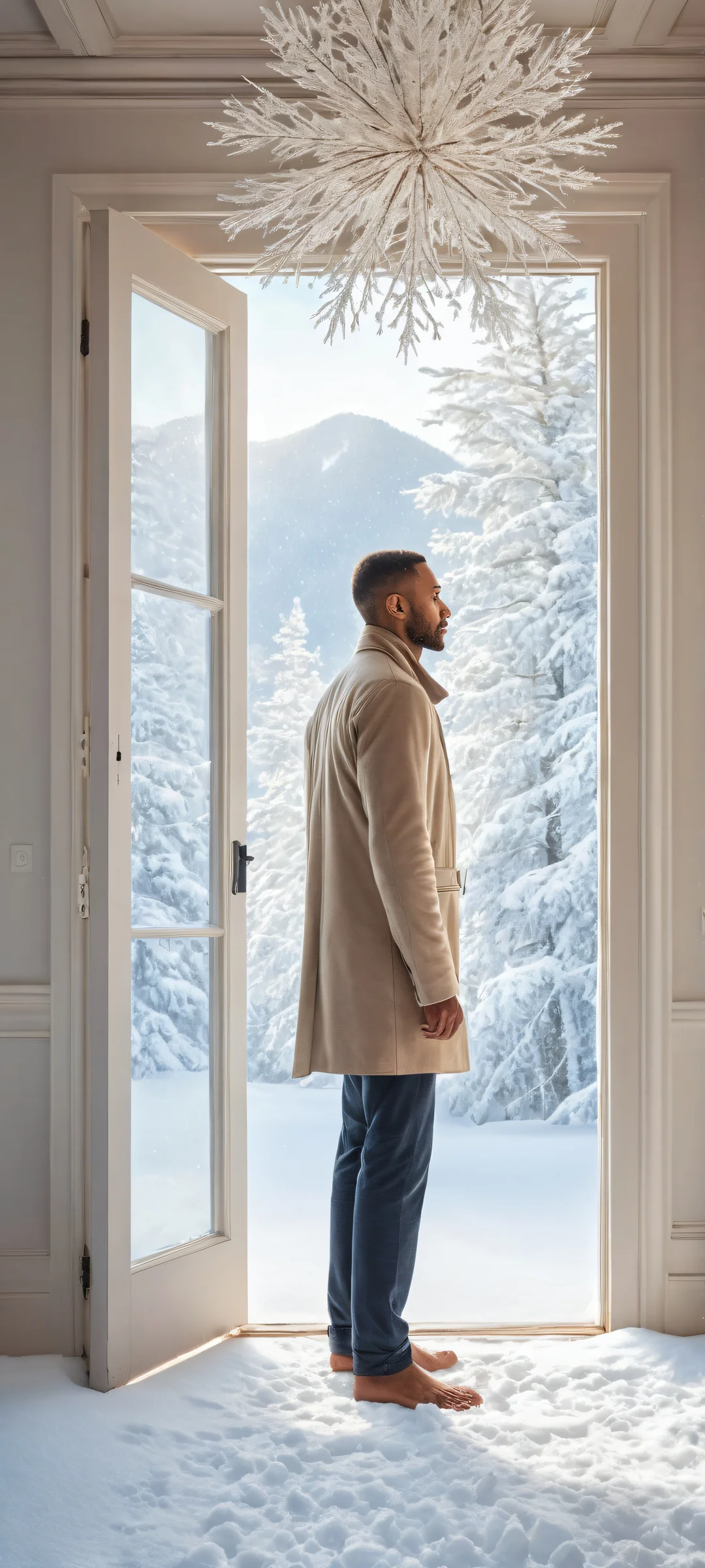 A serene winter scene of a man standing at an open doorway with snowflakes gently falling around him, perfekt optimiert für iPhone- und Android-Startbildschirme.