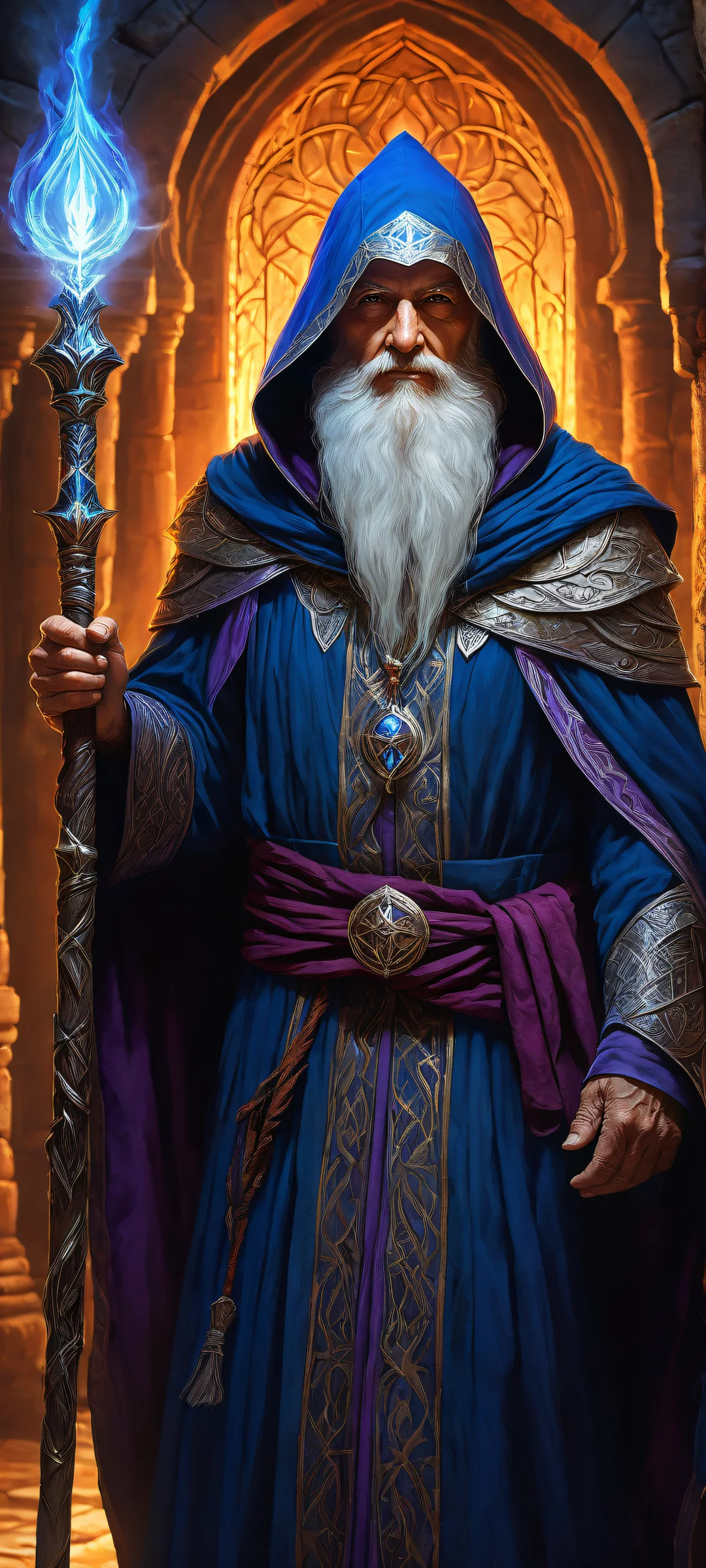 Portrait of an elderly mage standing in front of ancient dungeon walls, surrounded by magical energy and warm ambiance. Parfait pour les écrans d'accueil iPhone/Android.