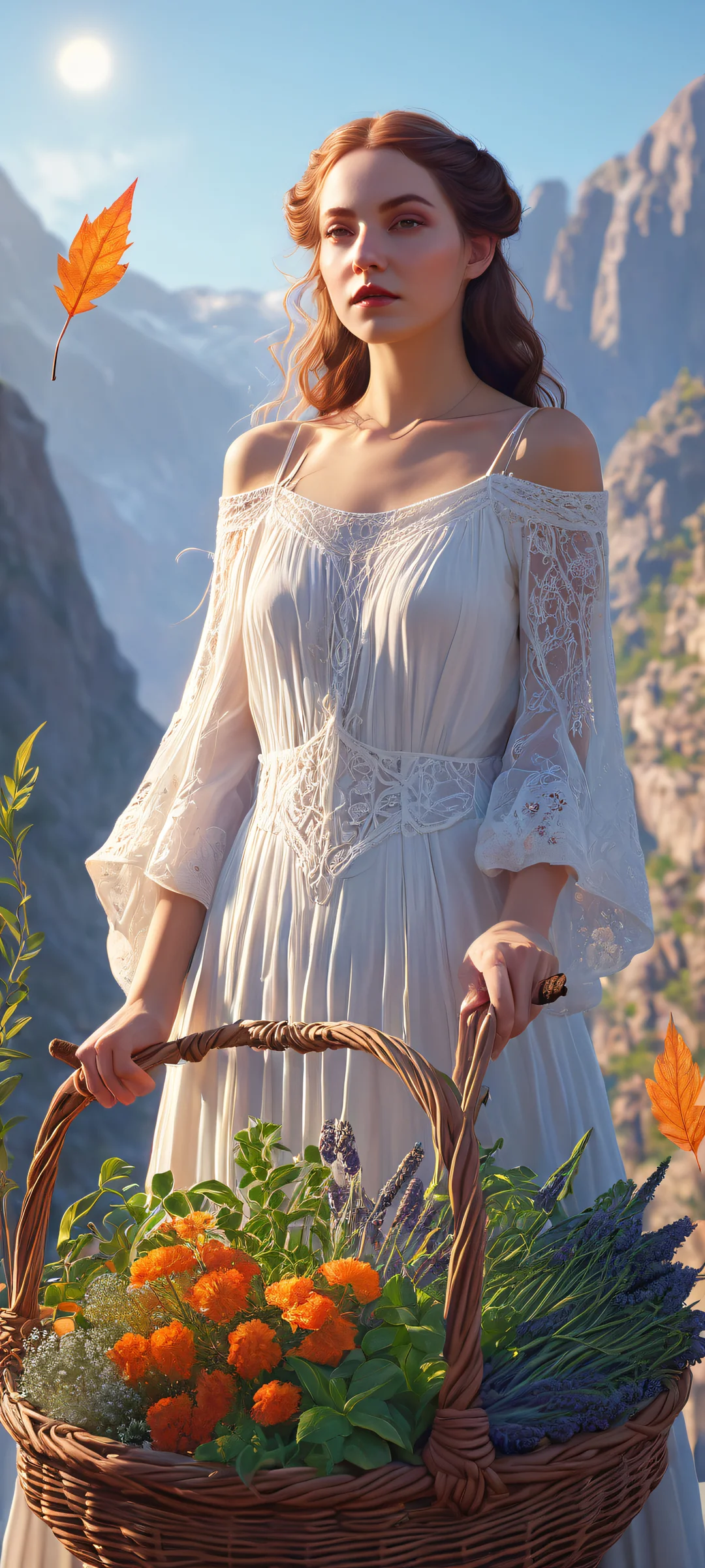 A witch stands amidst a lush array of herbs and plants in a wicker basket, iPhone に完全に最適化, サムスンギャラクシー, と Android のホーム画面.