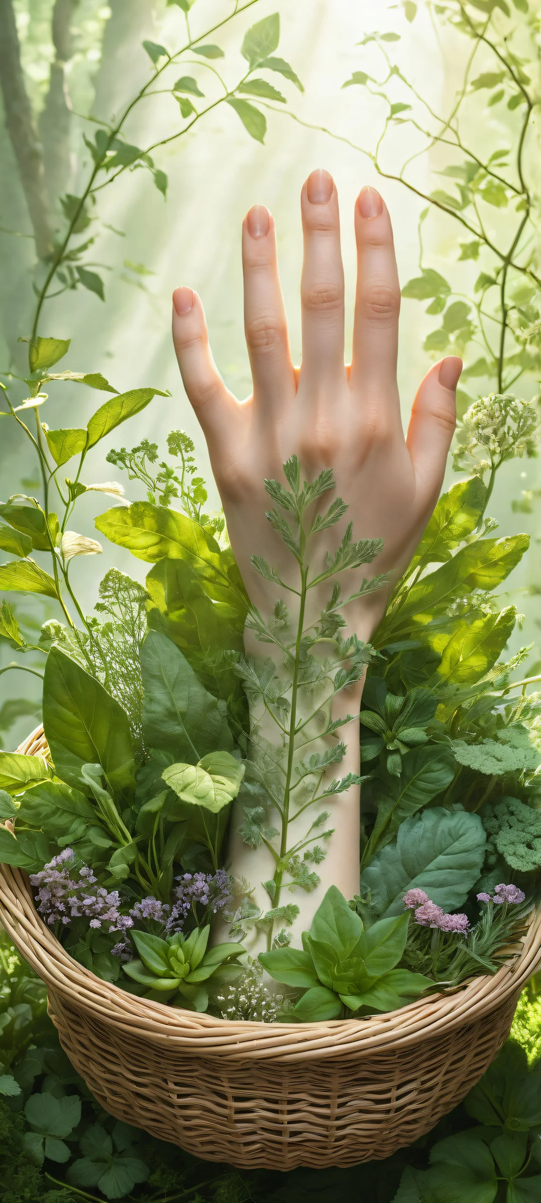 A delicate witch's hand holds a basket overflowing with rare herbs and plants on an iPhone/Android home screen, showcasing intricate textures and soft pastel hues.
