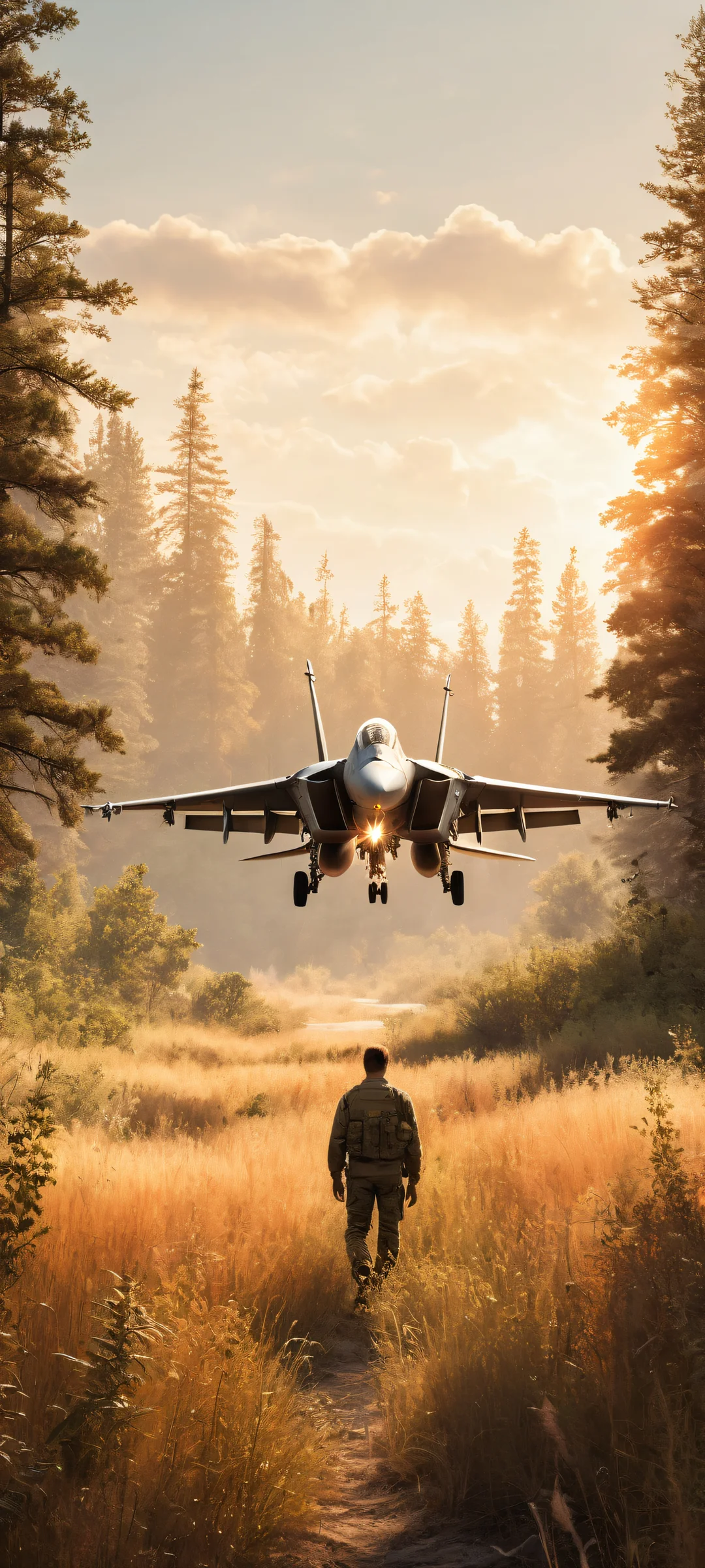 A lone figure stands waist-deep in wild grasses, witnessing an abandoned F-15 Eagle fighter jet. iPhone/Android