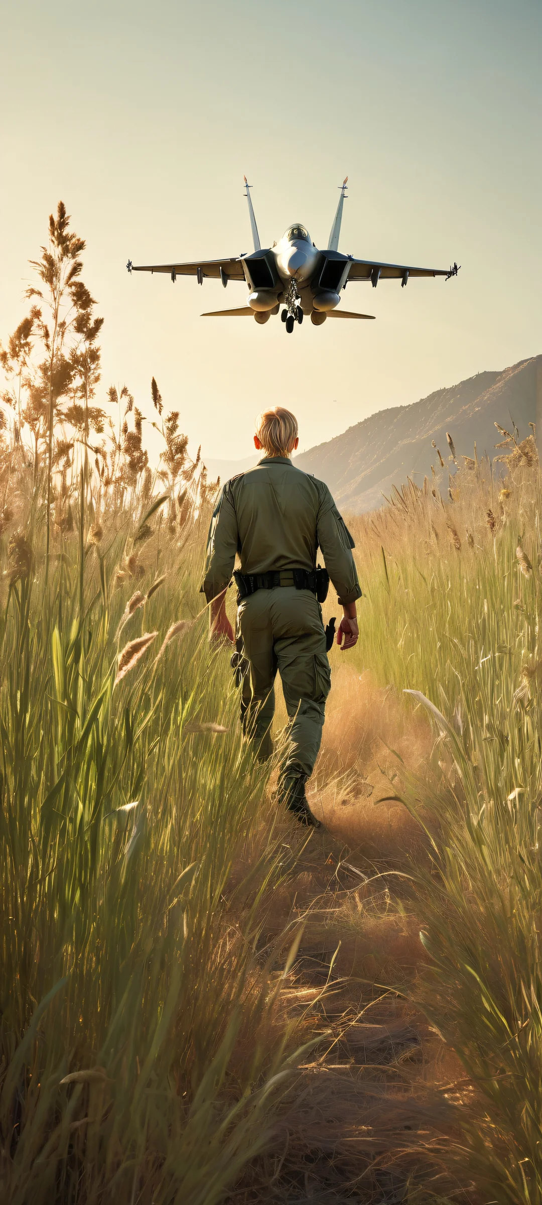 A lone figure with flowing blonde hair stands waist-deep in overgrown wild grasses, back to the camera—silent witness to an abandoned F-15 Eagle fighter jet. iPhone/Android.
