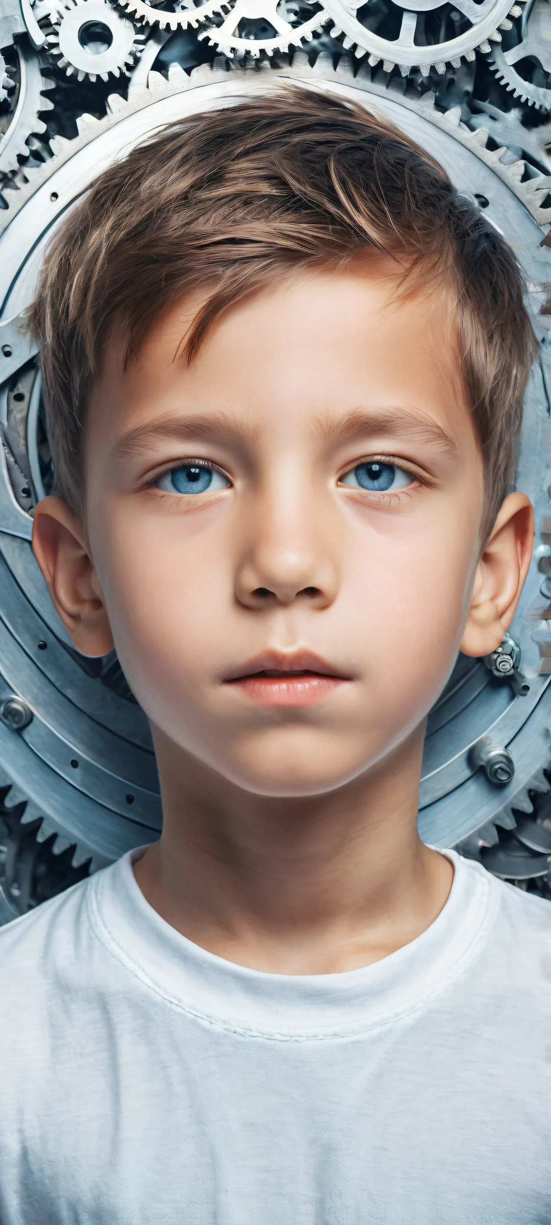 Ethereal Wonder 2K Phone Wallpaper iPhone/Android mobile wallpaper featuring a boy surrounded by gears and machinery, with a vast void above and intricate textures below. Award-winning digital art.