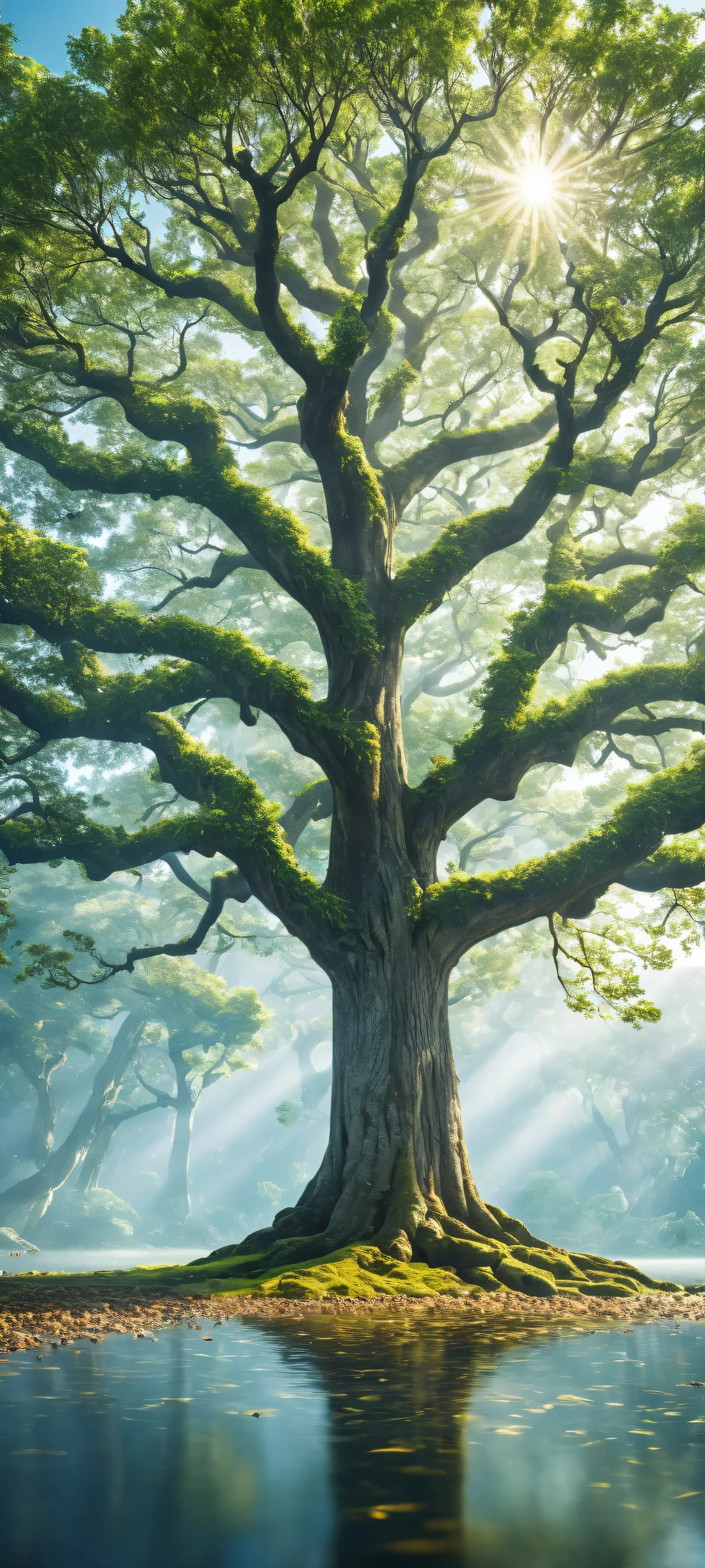 A majestic yalm tree with intricate micro-details and radiant light illuminates the scene, iPhone/Androidのホーム画面に最適.