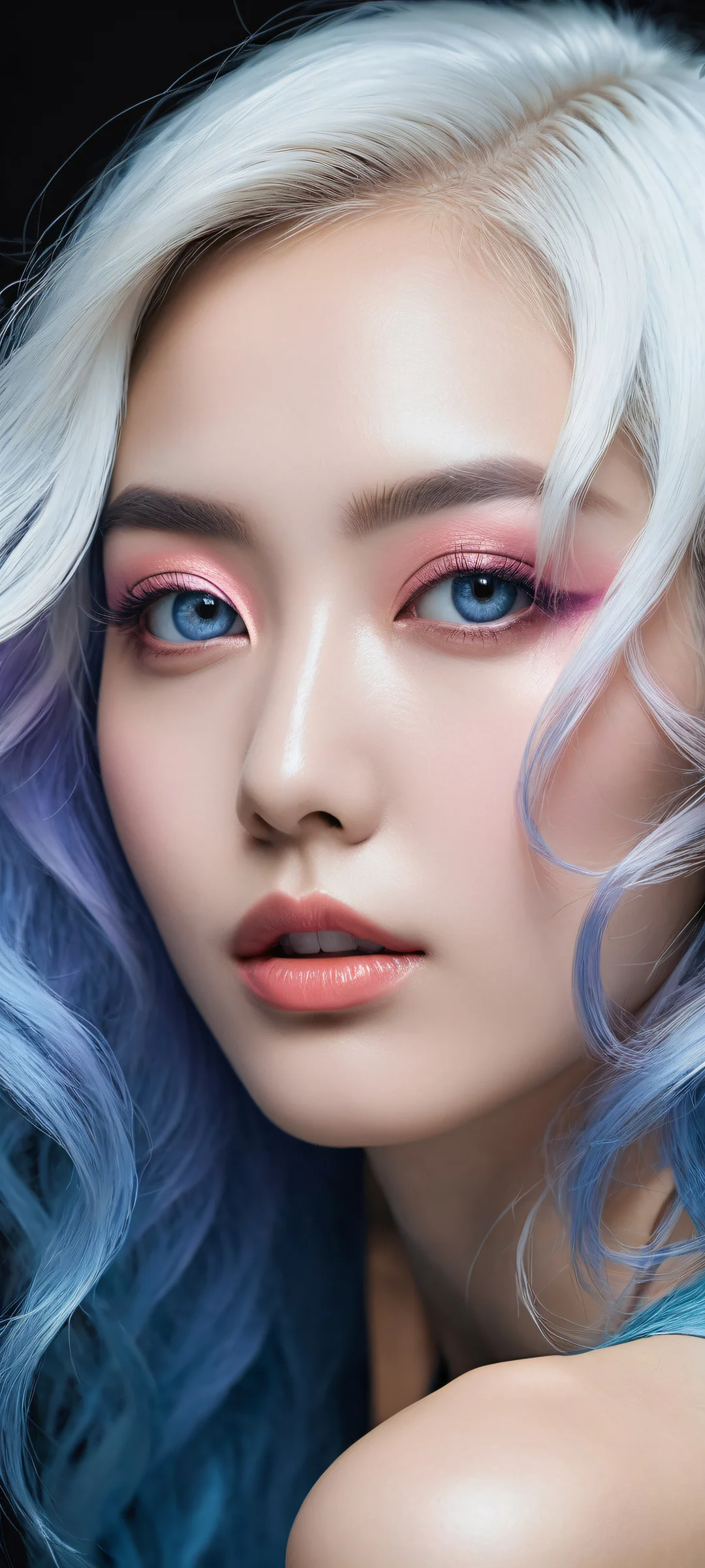 Portrait of Eunice Ye with flowing blue hair, gazing directly at the viewer. Parfaitement optimisé pour les écrans d'accueil iPhone et Android.