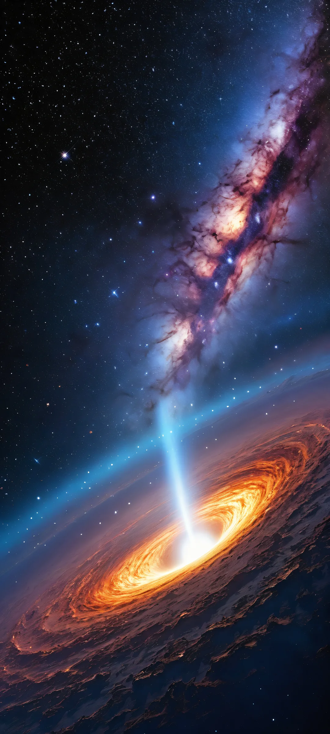 Event Horizon Majesty 2K Mobile Backgroundparfaitement optimisé pour les écrans d'accueil iPhone et Android A stunning digital artwork of a supermassive black hole surrounded by swirling stars and planetary fragments, perfectly optimized for iPhone and Android home screens.