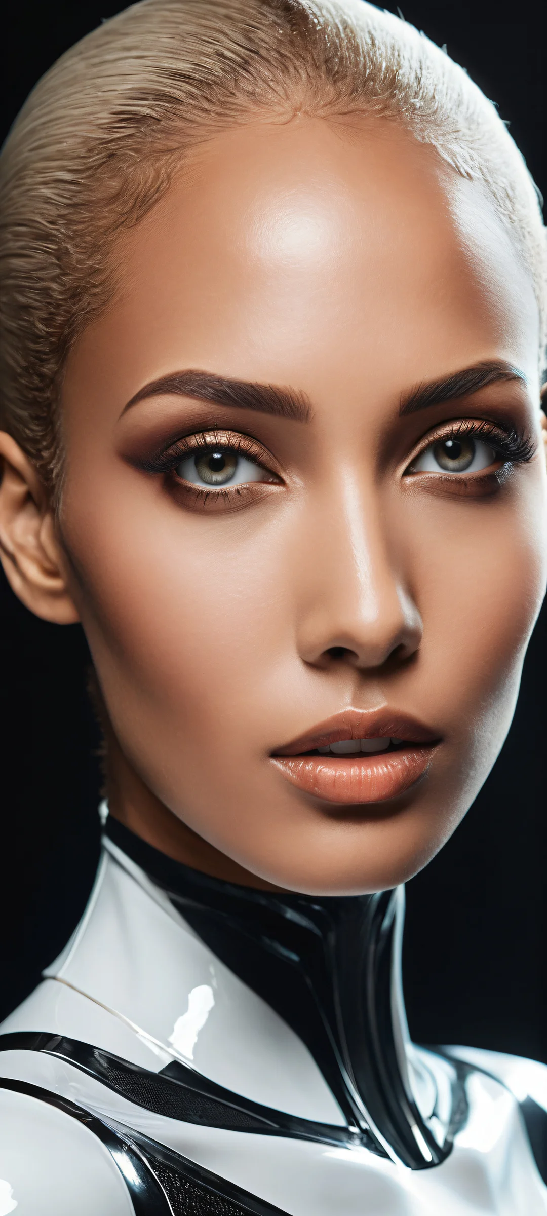 Stunning video game artwork of Eve on an iPhone/Android phone's home screen, showcasing perfect blacks and luminescent accents.