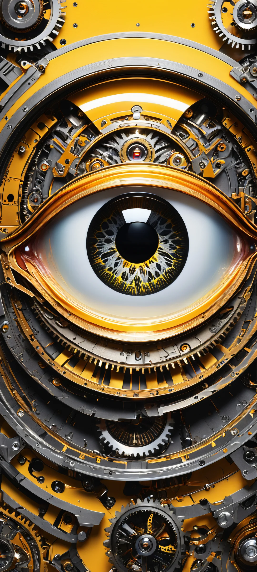 A stunning eye surrounded by intricate mechanical elements and patterns, perfectly optimized for iPhone/Android home screens.
