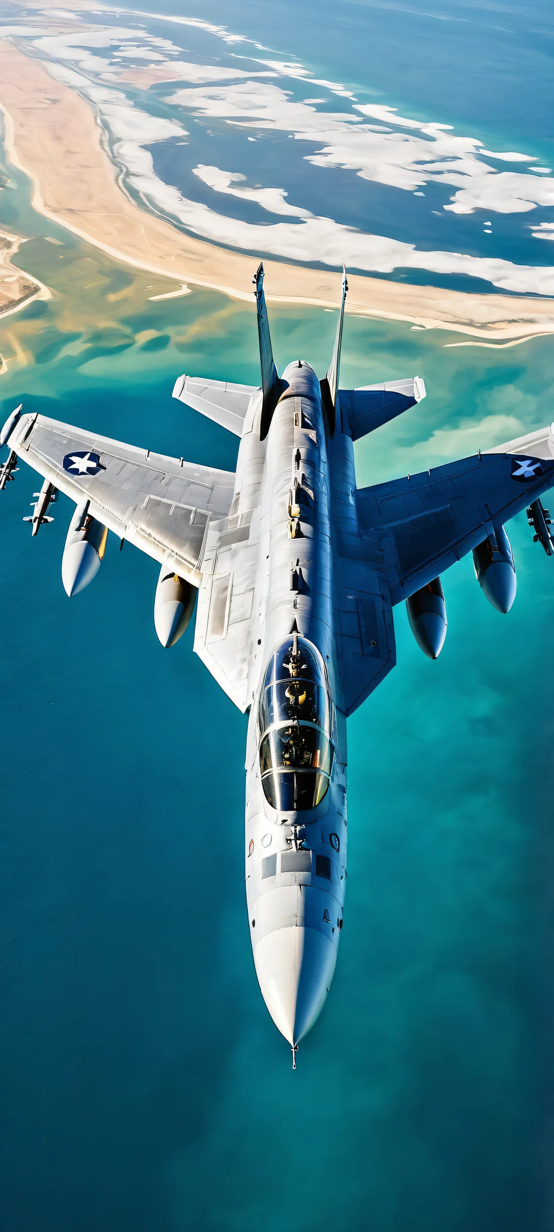 iPhone/Android-compatible wallpaper featuring a breathtaking portrait of the McDonnell Douglas F/A-18 Hornet set against a serene sea background, with stunning ray-traced reflections and ethereal lighting.