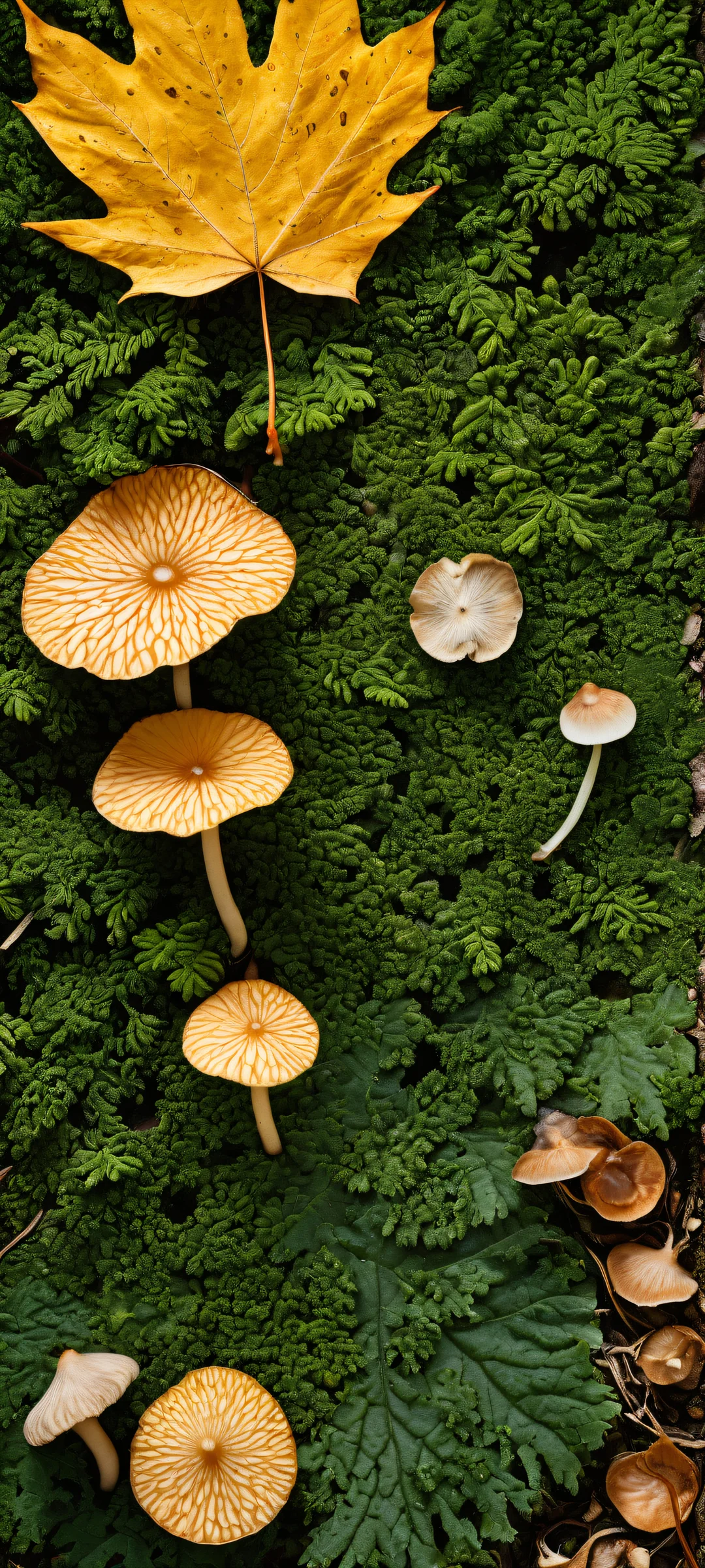iPhone/Android wallpaper featuring fallen leaves and mushrooms in stunning detail. Perfectly optimized for your device's home screen.