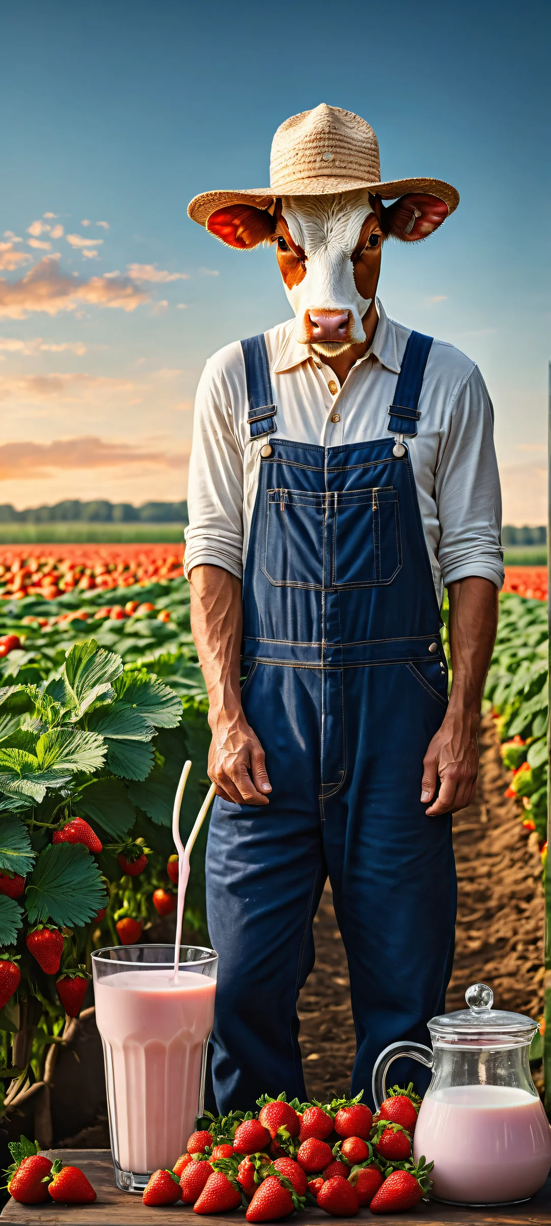 A whimsical farm scene featuring a cow-sized strawberry, orange, and blueberry getting milked by a farmer. Perfect for iPhone/Android home screens.