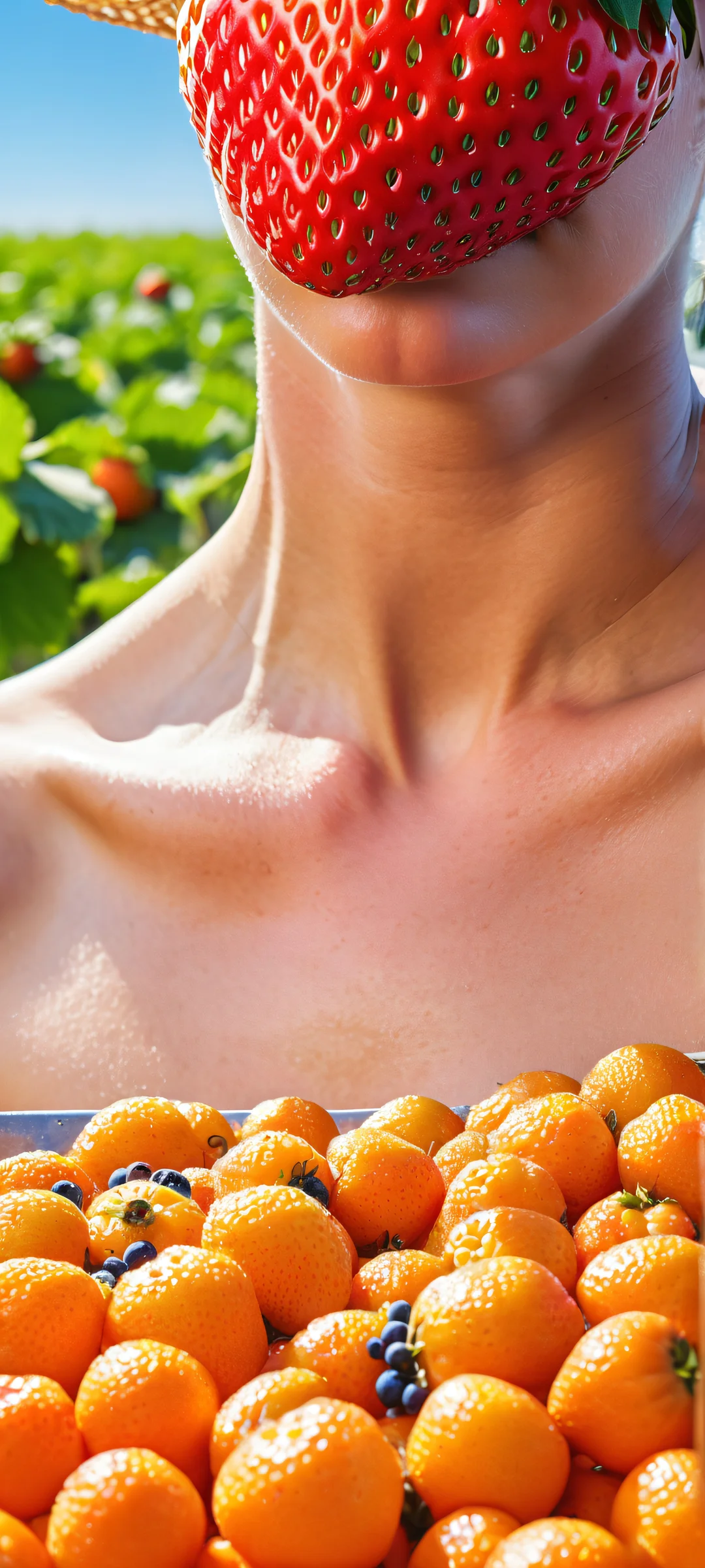 Farmfresh Harmony Lock Screen for iOS & Androïdeet écrans d'accueil AndroidSparfaitement optimisé pour iPhone A beautiful farm scene featuring a cow-sized strawberry, orange, and blueberry stand, perfectly optimized for iPhone, Samsung Galaxy, and Android home screens.