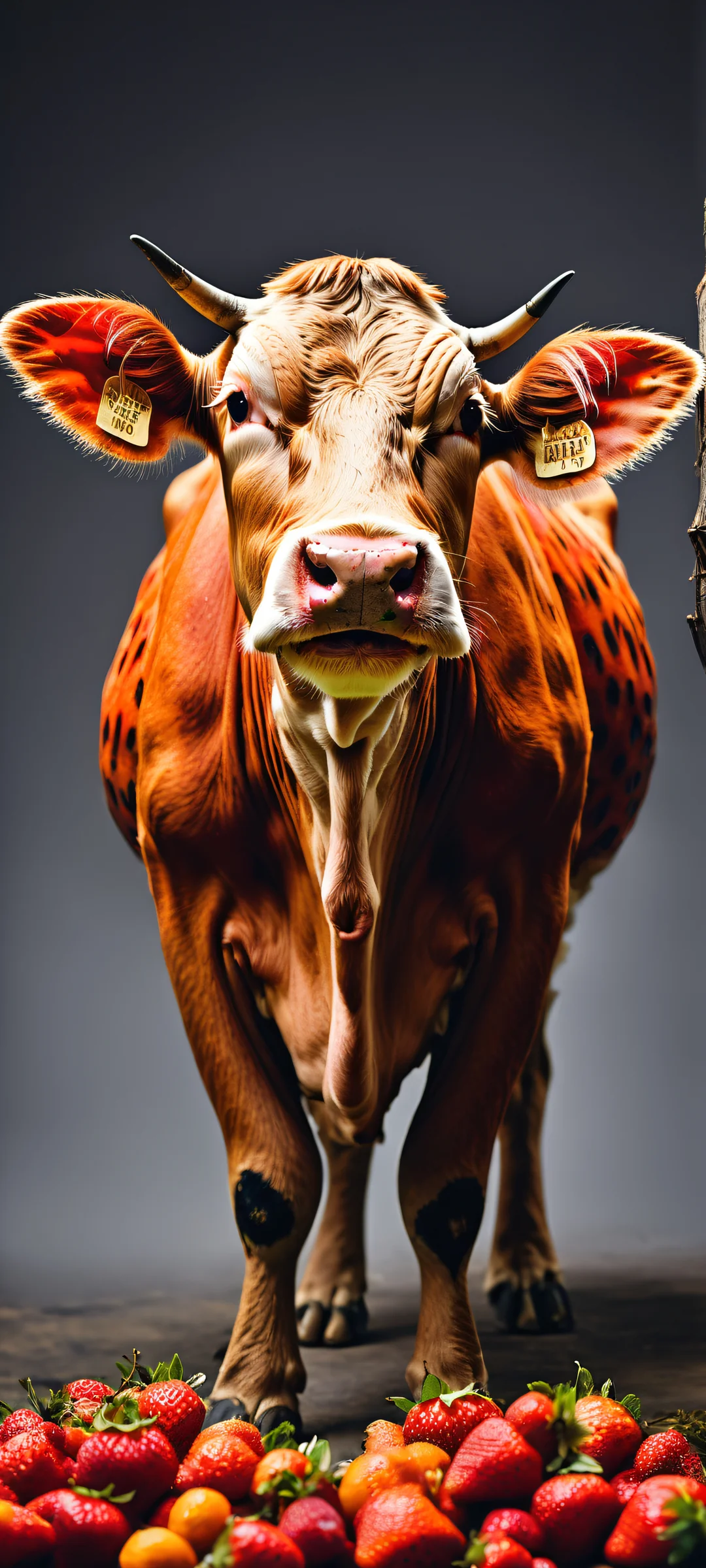 A beautiful illustration of a giant strawberry, blueberry, and orange being milked by a farmer in overalls and straw hat. Perfect for iPhone/Android home screens.