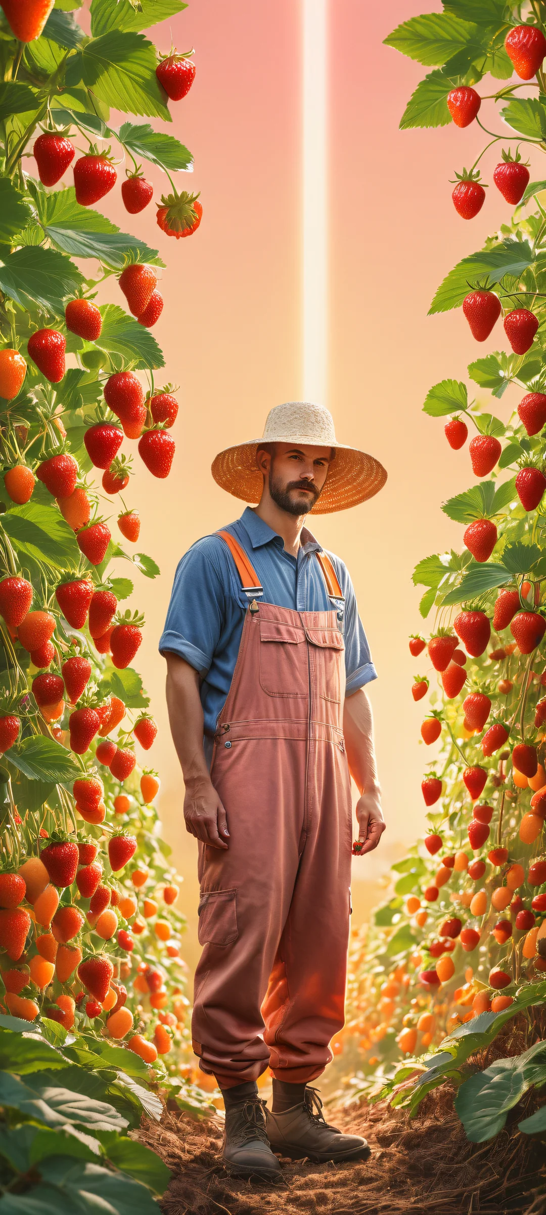 A whimsical illustration of a cow-sized strawberry, orange, and blueberry standing together on a farm, perfekt optimiert für iPhone/Android-Startbildschirme.