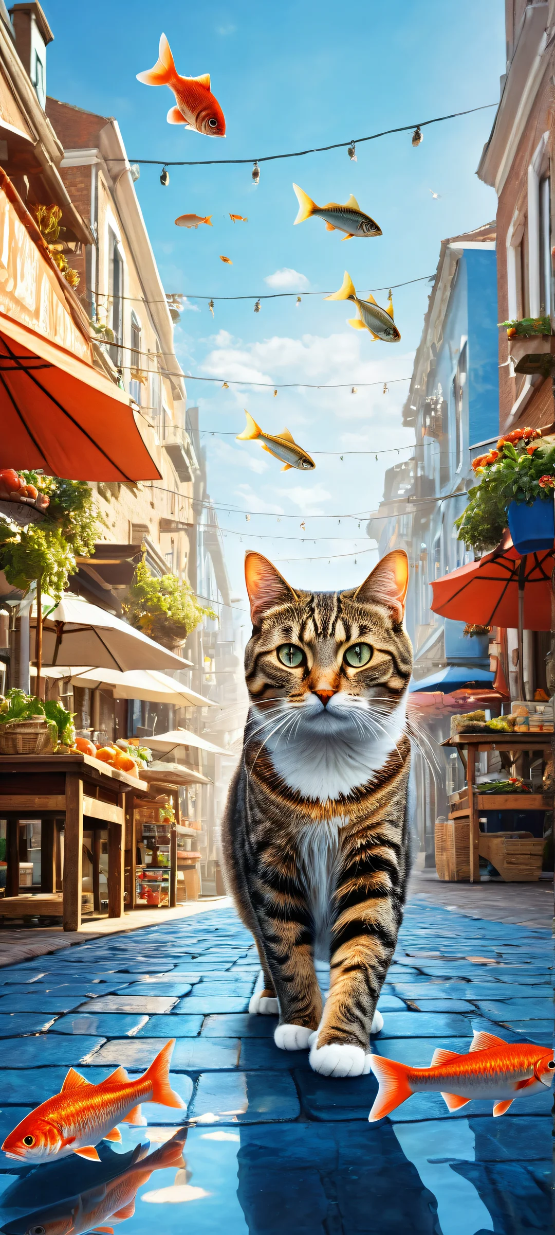 A determined tabby cat clutching a fish on iPhone/Android home screen