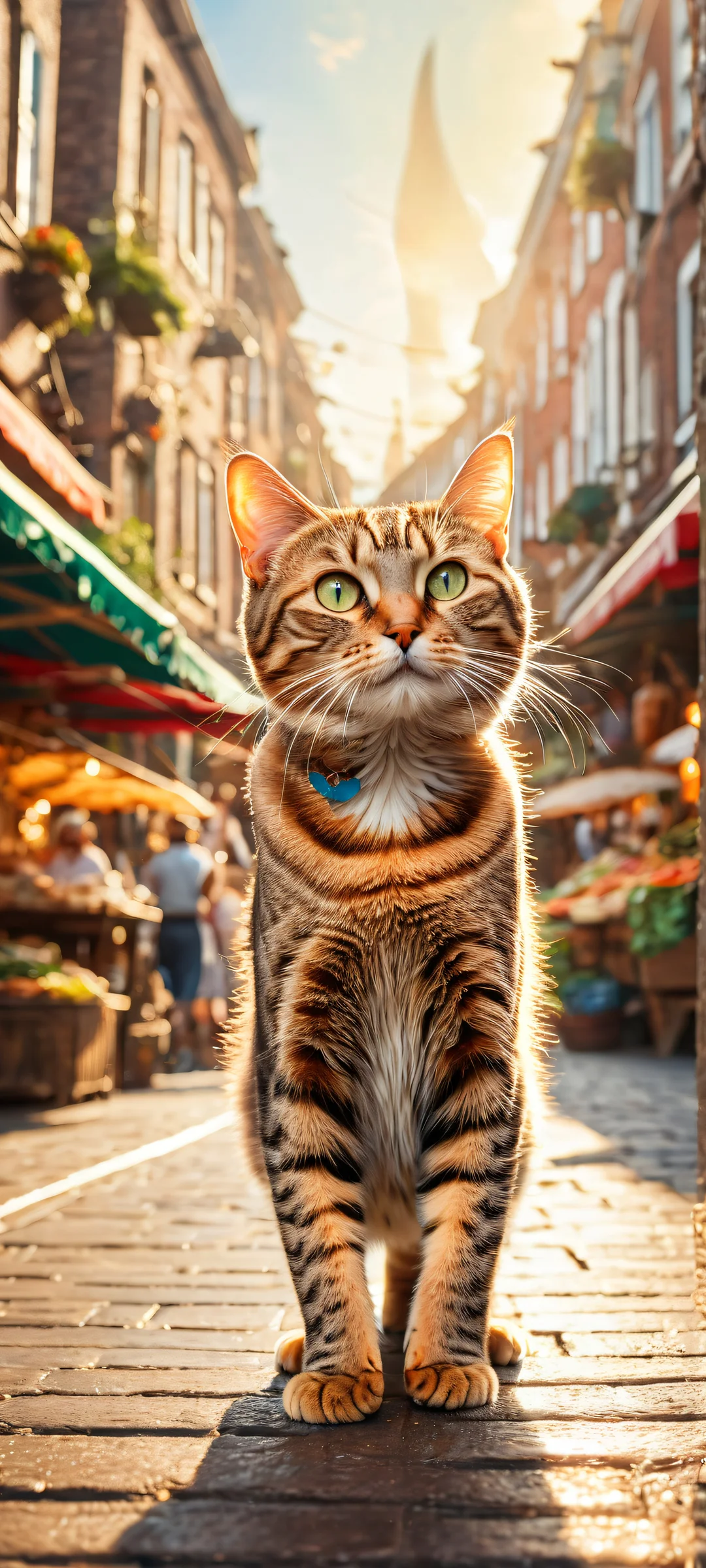 Frenesí de pez felino iPhonesa que mFondo de pantalla de Androidigrado corriendo sobre dos patas mientras abraza un pez brillante.s frente al bullicioso mercado holandés A whimsical artwork featuring a tabby cat running on two legs while hugging a shiny fish, set against a bustling Dutch market scene. Perfectly optimized for iPhone and Android home screens.