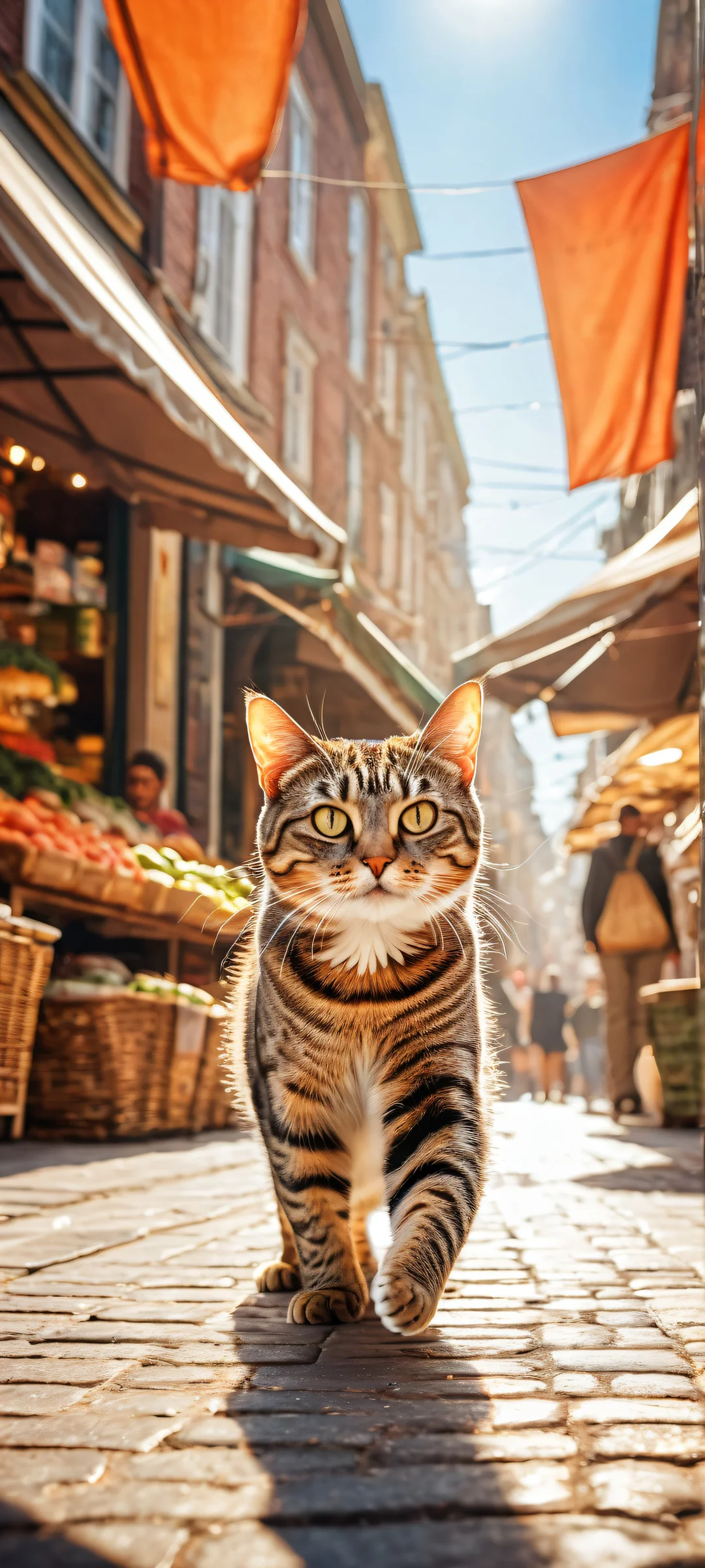 A determined tabby cat tightly hugs a silver fish while running on two legs, set against a bustling Dutch street market scene with vibrant colors and ray-traced reflections. iPhone/Androidのホーム画面に最適.