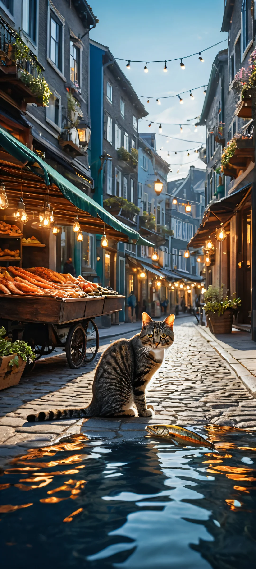 A small young tabby cat holding a shiny silver fish amidst a bustling Dutch street market scene on an iPhone or Android device.