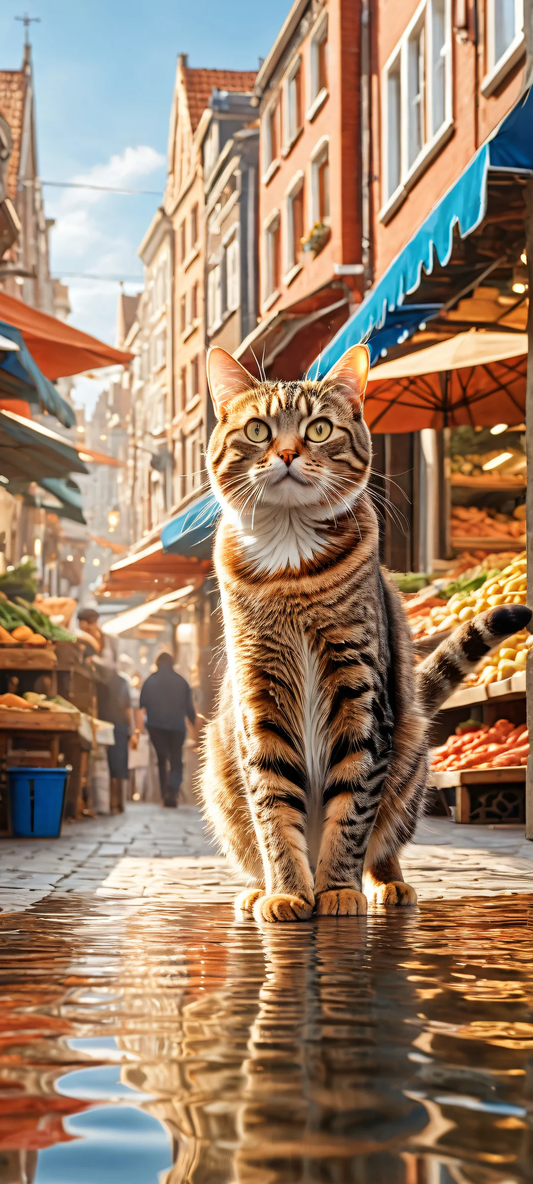 iPhone/Android mobile wallpaper featuring a whimsical scene of a tabby cat running with a fish, surrounded by a bustling Dutch street market.