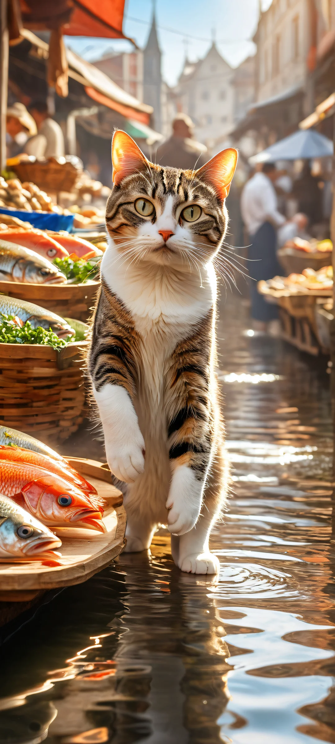 Eine neugierige Katze hält einen Fisch fest, als sie vor dem schockierten Verkäufer auf einer belebten niederländischen Marktstraße davonläuft, iPhone/Android.