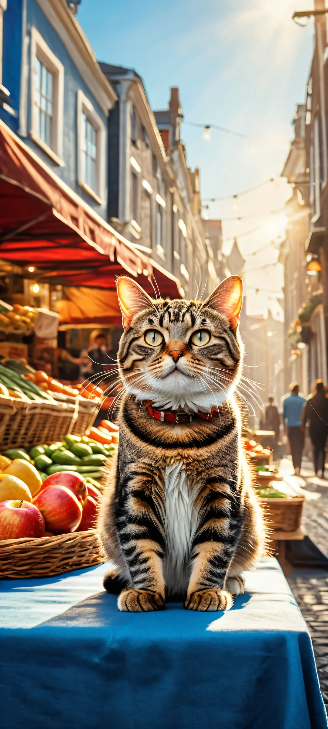 A tabby cat proudly holds a shiny silver fish in a vibrant Dutch market scene. Perfect for iPhone/Android home screens.