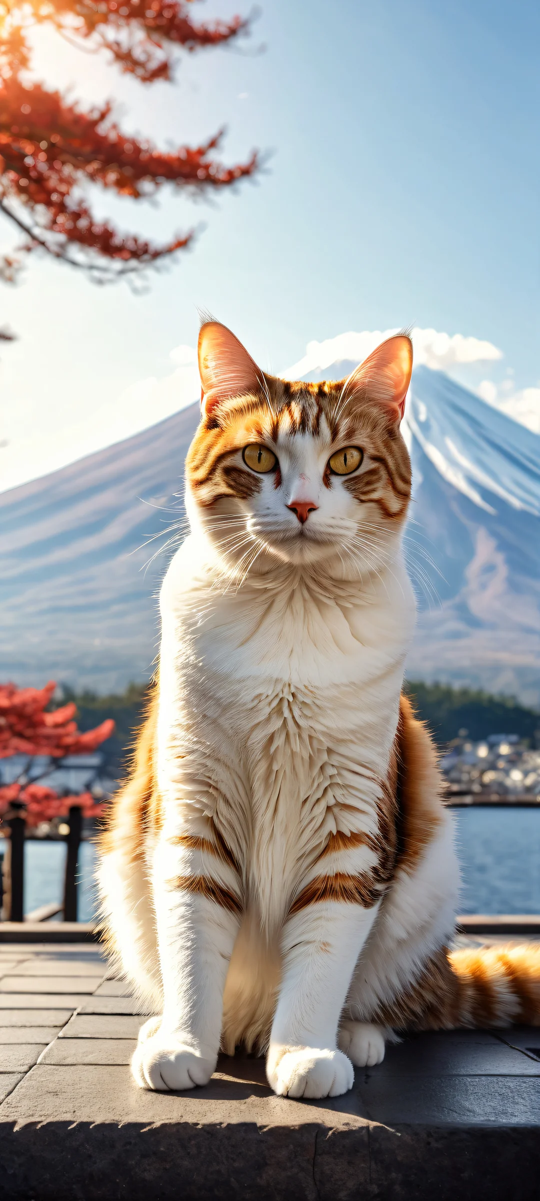 A majestic cat sunbathing at the foot of Mount Fuji on a serene morning. Perfeitamente otimizado para iPhone, Galáxia Samsung, e telas iniciais do Android.