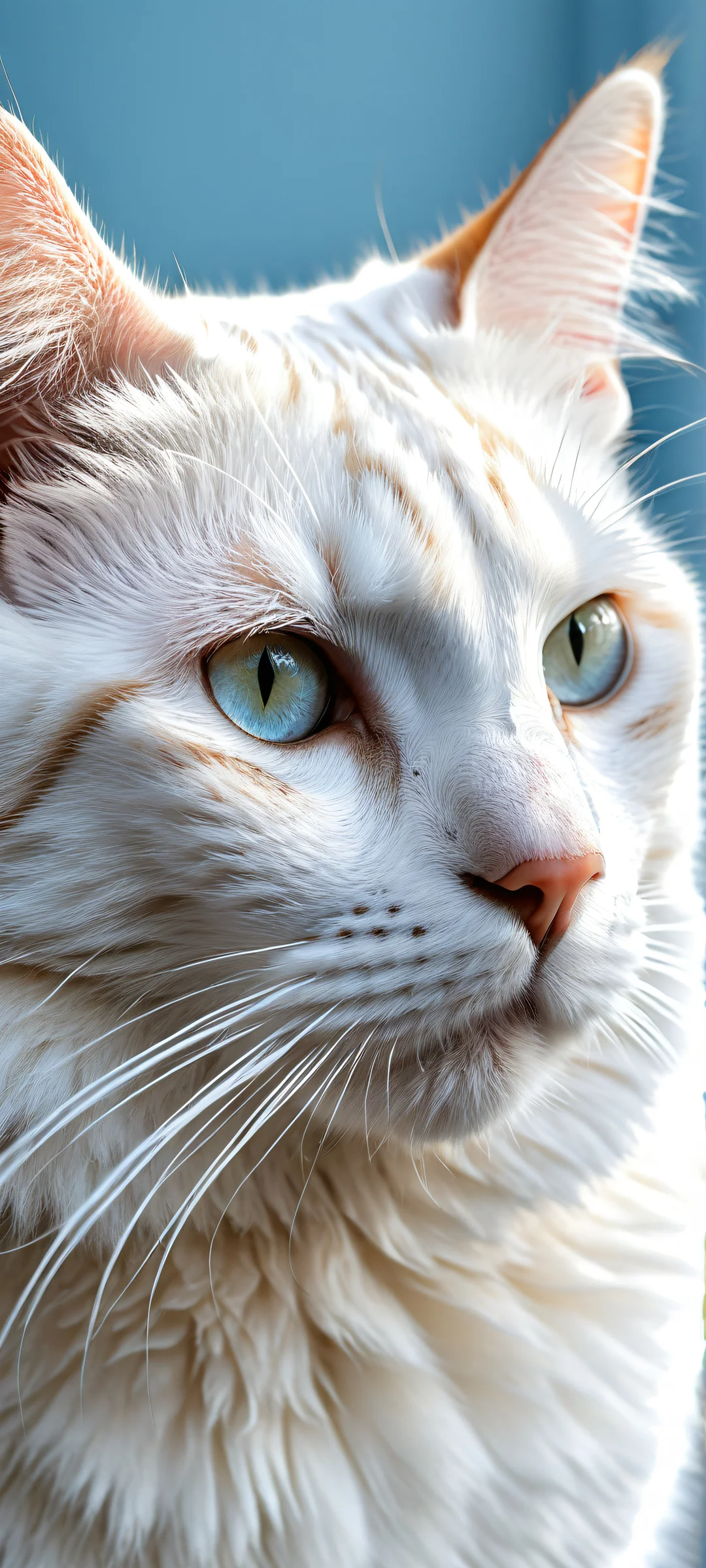 Feral cat portrait with insane micro-details on whiskers and fur texture, perfecto para pantallas de inicio de iPhone/Android.