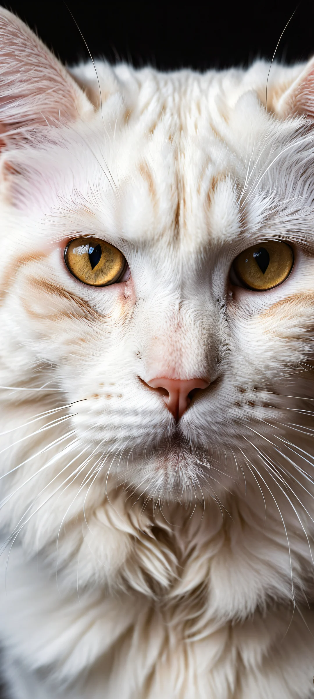 A regal white Persian cat in a dramatic macro portrait on an iPhone or Android device, set against a vast pure void for seamless UI integration.