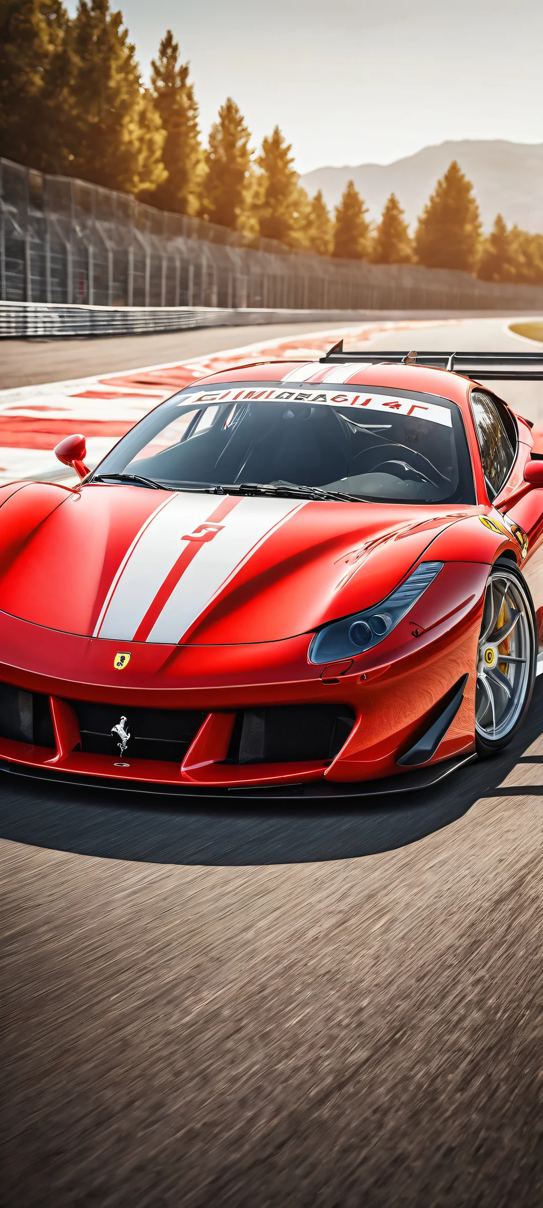 A stunning portrait of a Ferrari GT3 racing car on a seamless void background with intricate engine details, perfectly optimized for iPhone and Android home screens.