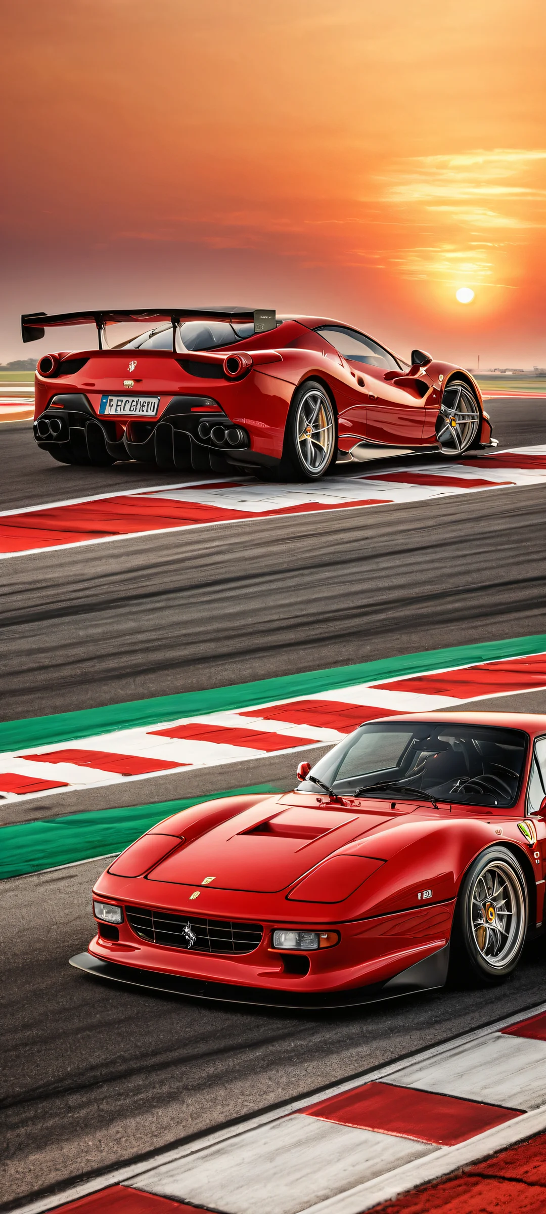 A stunning portrait of Ferrari GT3 racing cars against a pure void background, perfectly optimized for iPhone and Android home screens.