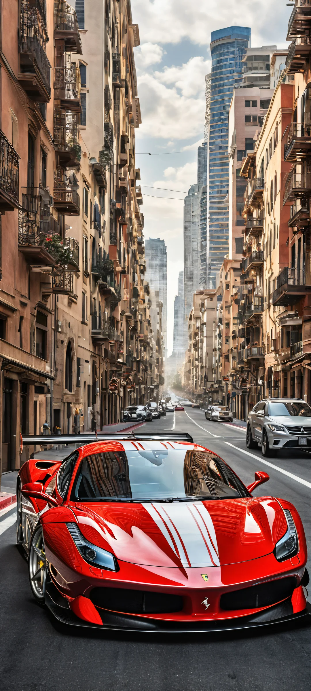 iPhone and Android users will love this breathtaking portrait of a Ferrari GT3 race car with intricate micro-details, set against a vast pure void backdrop featuring a cityscape or trackside view.