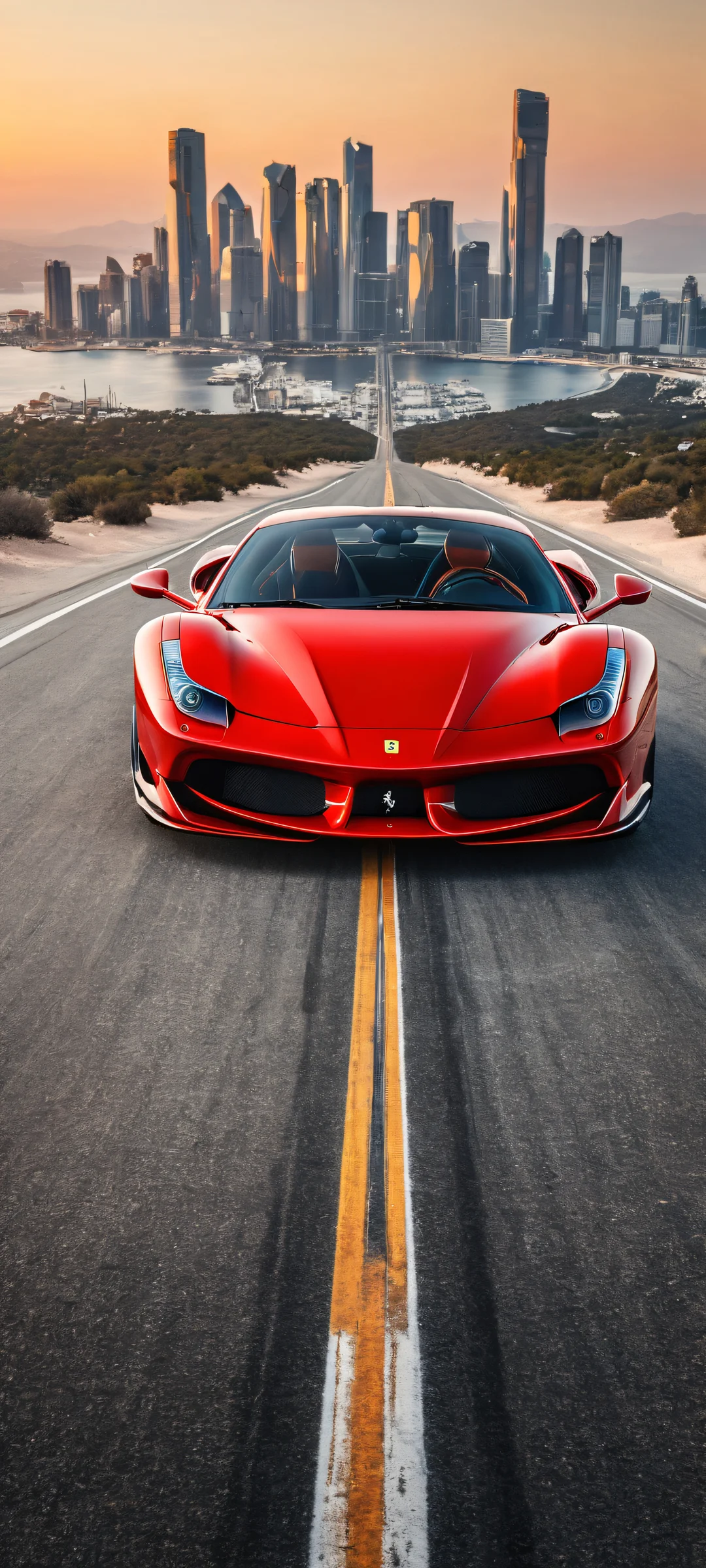 A custom-tuned Ferrari placed on a futuristic cyberpunk landscape with ethereal lighting and brilliant colors, perfekt optimiert für iPhone/Android-Startbildschirme.