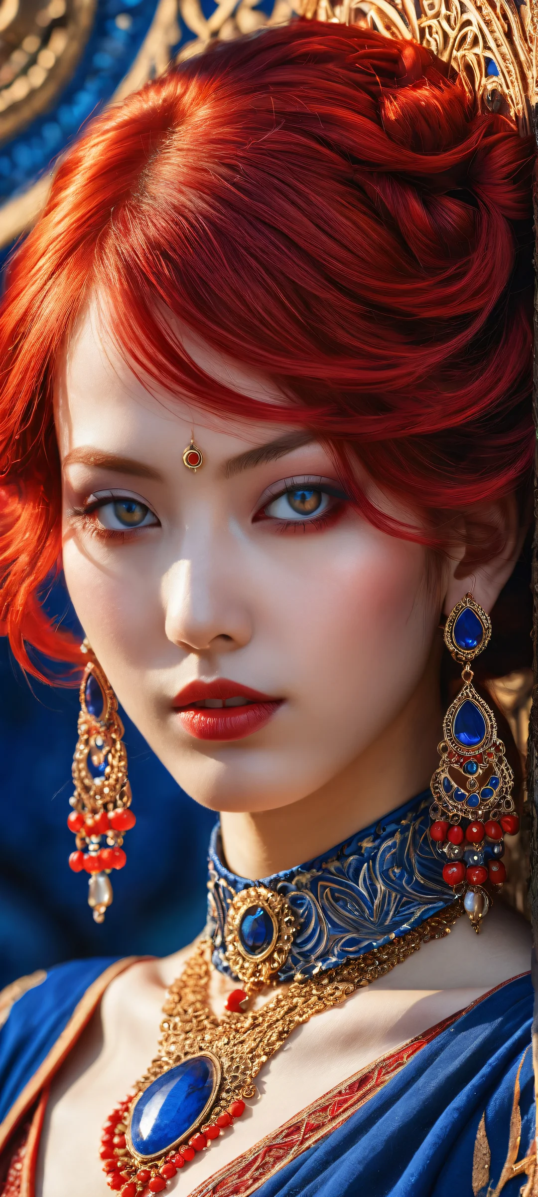 A stunning vertical portrait of a girl with bright red hair and piercing red eyes, iPhone と Android のホーム画面に完全に最適化. iPhone/Android.