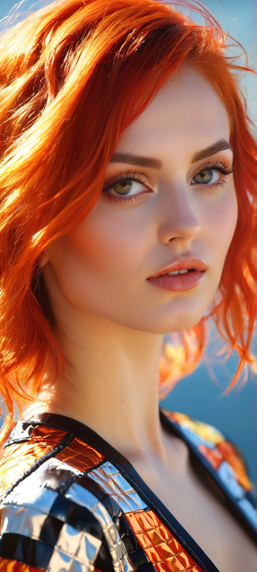 Stunning portrait of a fiery-haired beauty on an iPhone or Android home screen. Perfectly clean and empty top half provides ample breathing space for UI widgets, while the lower half is filled with vivid colors and textures.