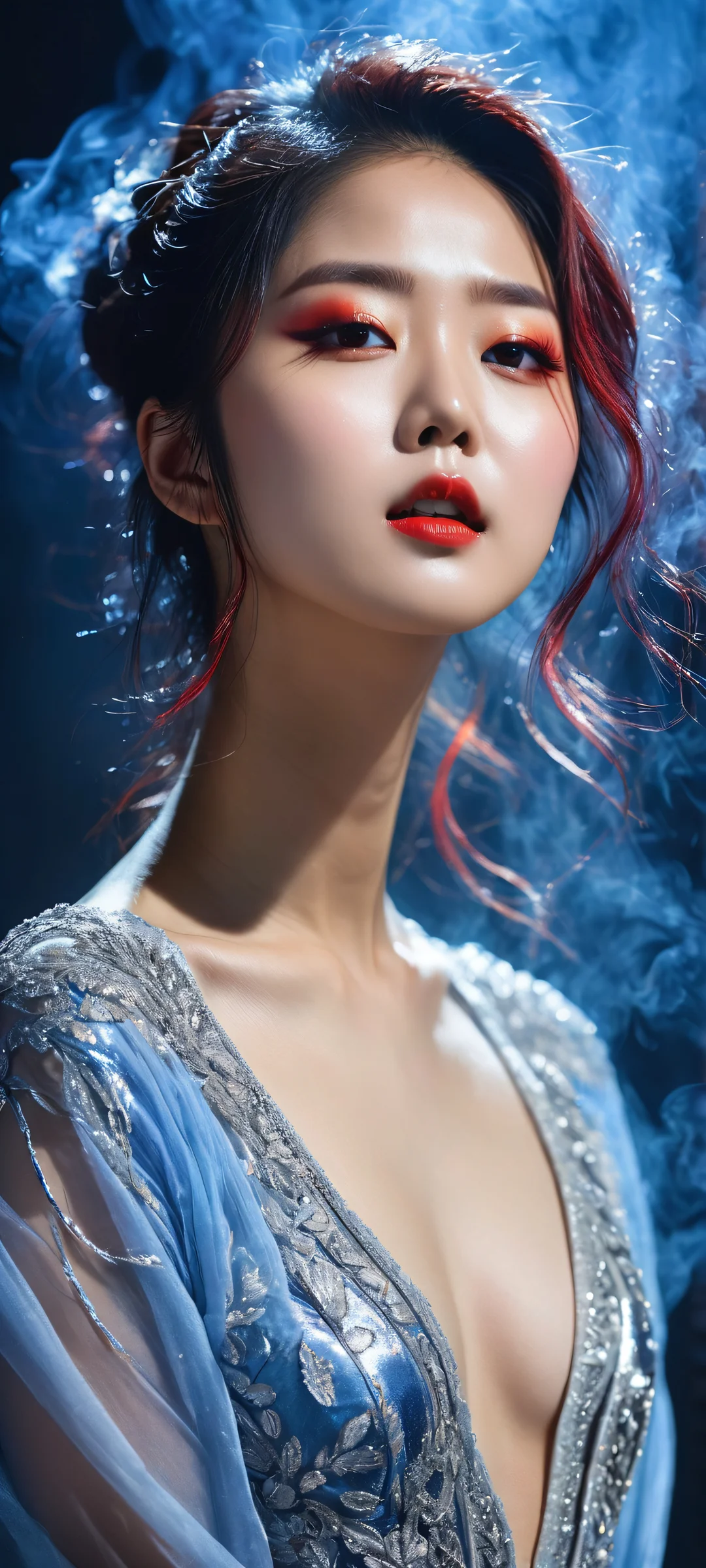 A stunning portrait of a K-pop idol against a dark background with blurred LED panels and faint smoke, perfeitamente otimizado para telas iniciais de iPhone e Android.