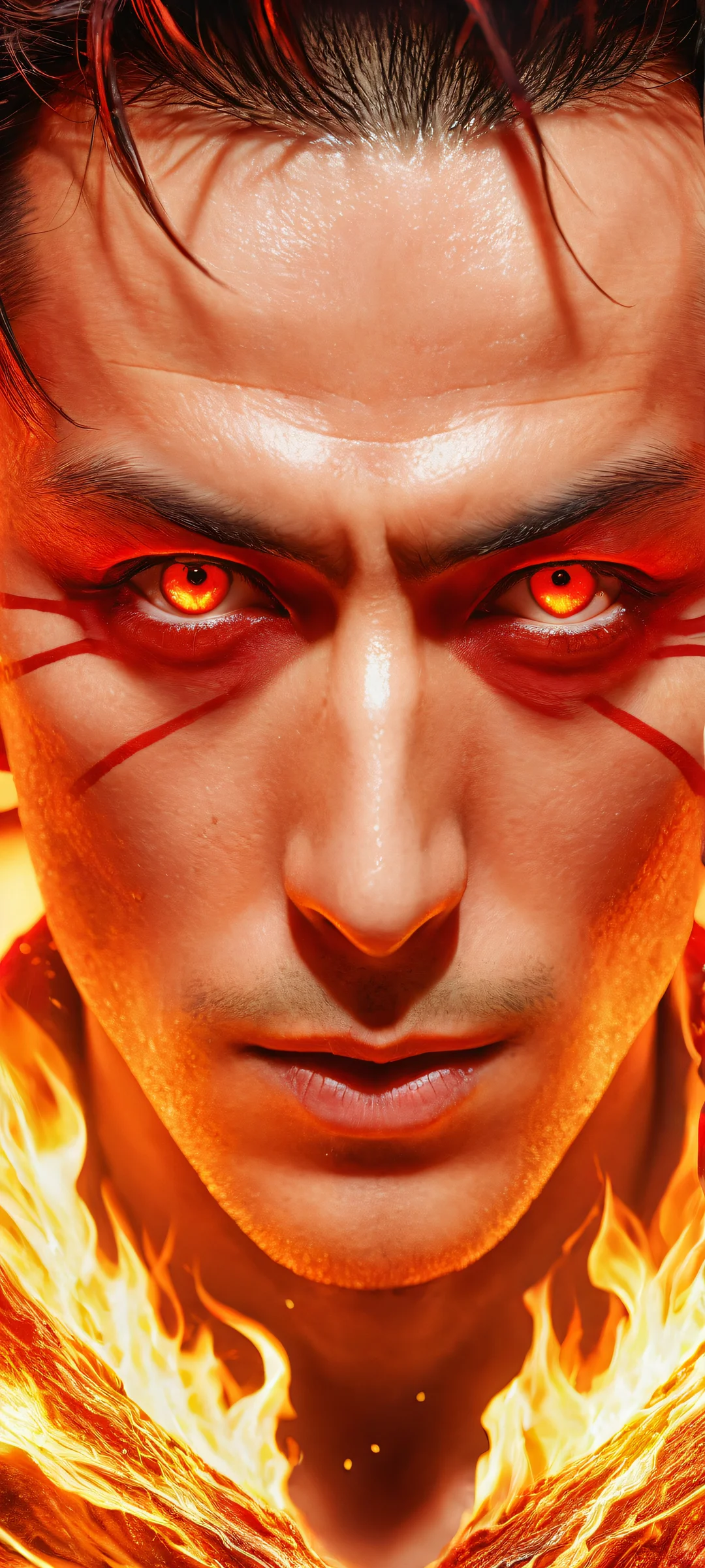 iPhone/Android wallpaper featuring Shinra Kusakabe with fiery red eyes and parted lips, against a pure void background with radiant ethereal lighting.