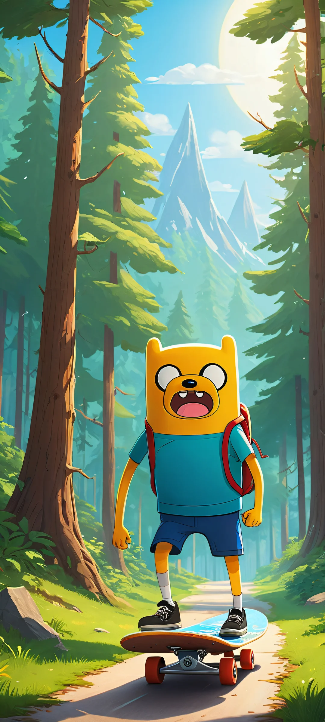 A smiling Finn from Adventure Time with his skateboard in a serene blue landscape on an iPhone/Android home screen.