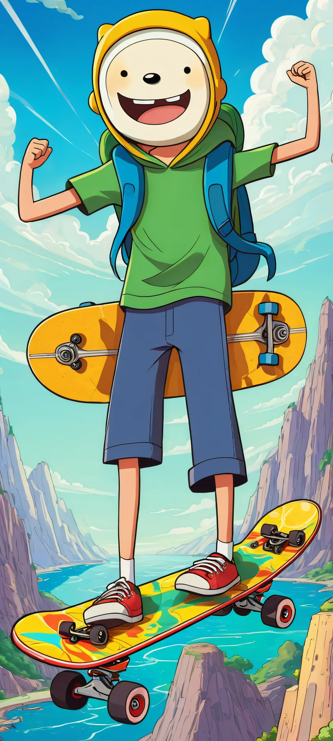 Adventure Time's Finn waving enthusiastically on a vibrant blue background, perfecto para pantallas de inicio de iPhone/Android.