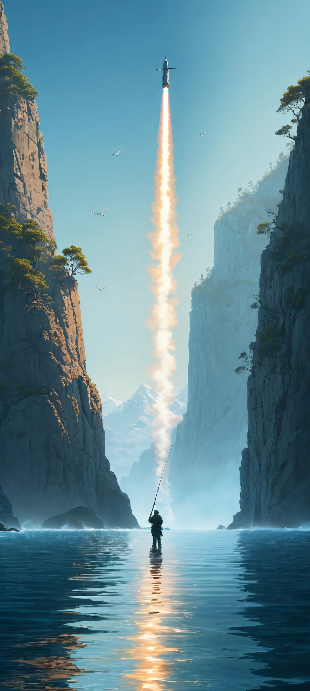 A lone fisherman reaches for a flare gun against the vast oceanic void, perfect for iPhone and Android wallpapers.