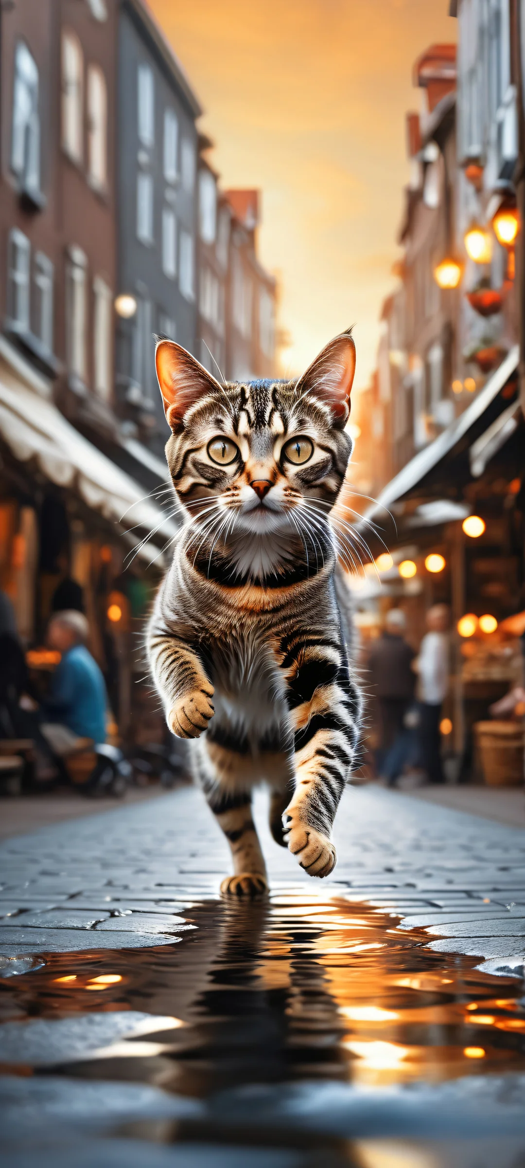 A young tabby cat in a fisherman's hat runs on two legs, holding a shiny silver fish. Perfectly clean top half with a bustling Dutch street market scene below.
