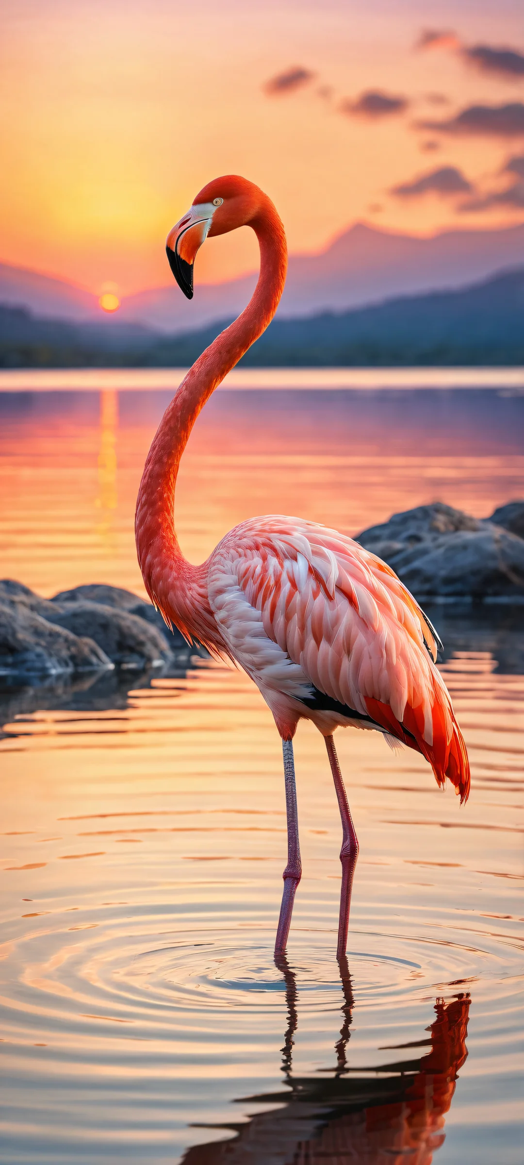 A majestic flamingo surrounded by an ethereal lake scene with subtle ripples and reflections, perfectly optimized for iPhone/Android home screens.