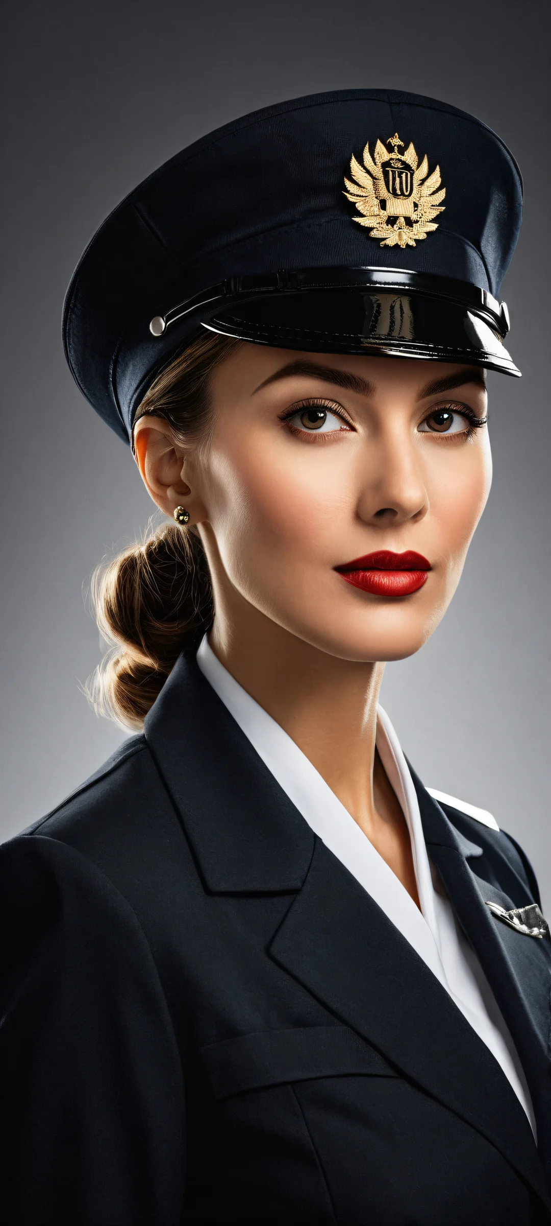 Award-winning digital art of a flight attendant placed in the lower-middle, iPhone and Android compatible.