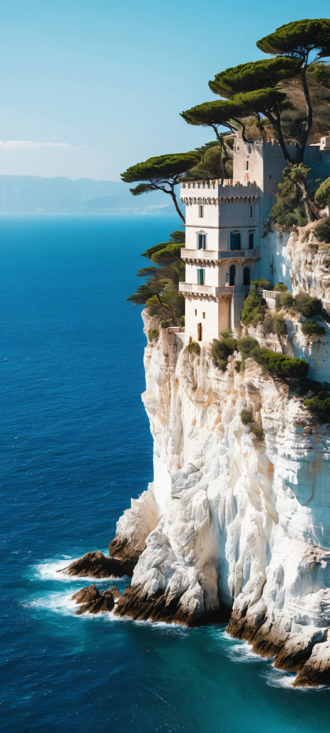 iPhone and Android users will love this breathtaking surreal artwork featuring a floating castle, Mediterranean coastline at sunset, and stunning visual impact.